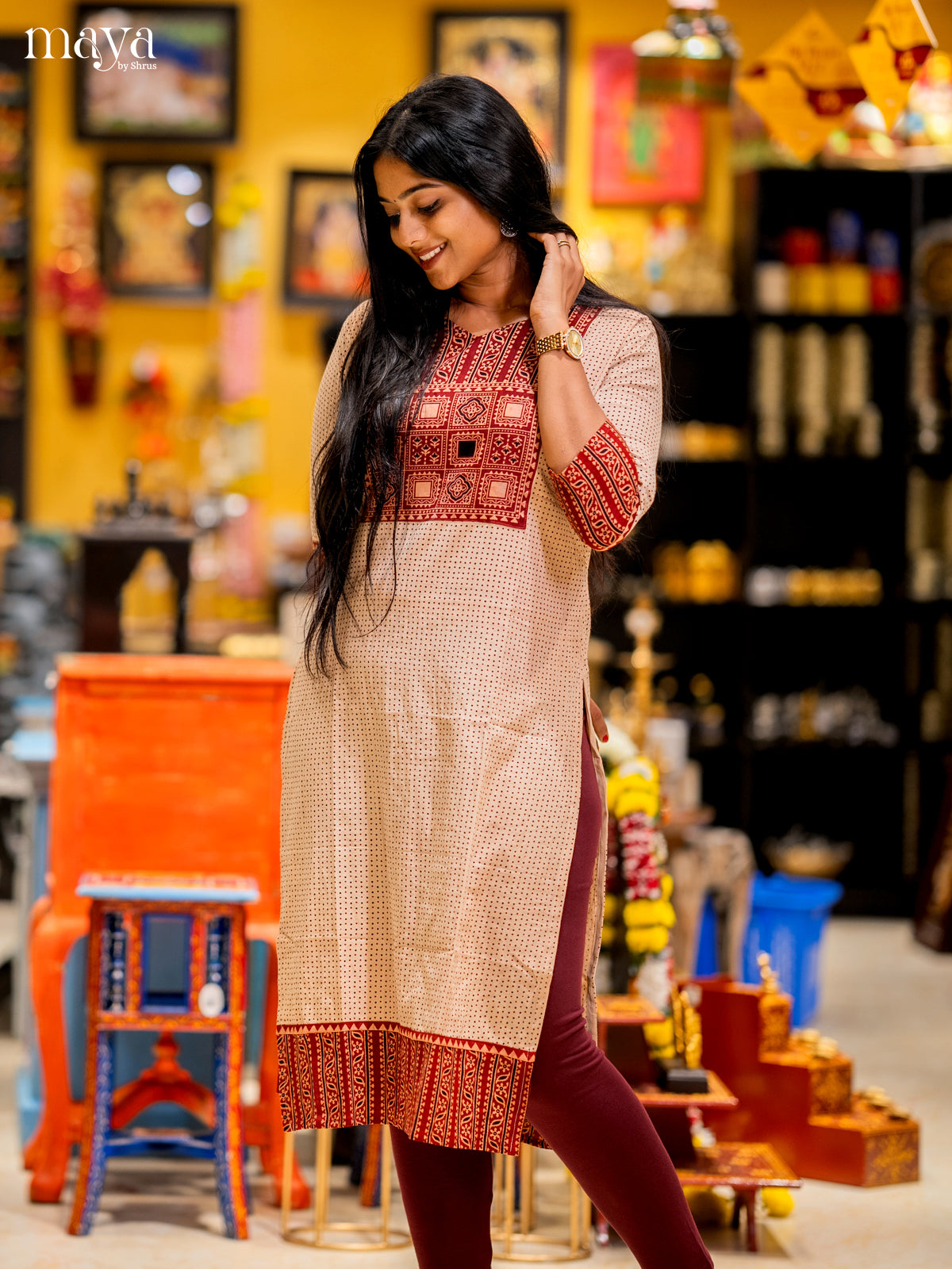 Cream & Red Ajrakh printed Readymade Kurti