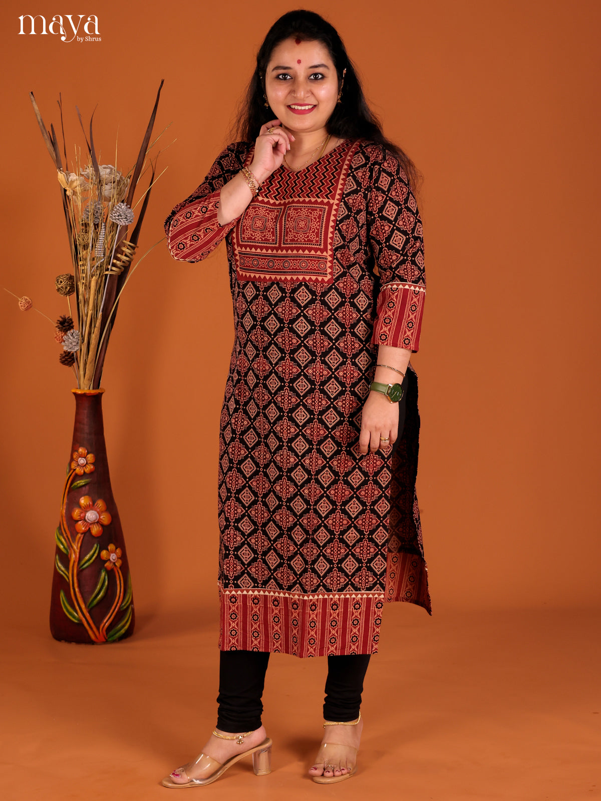 Black & Red Ajrakh Prinetd Readymade Kurti