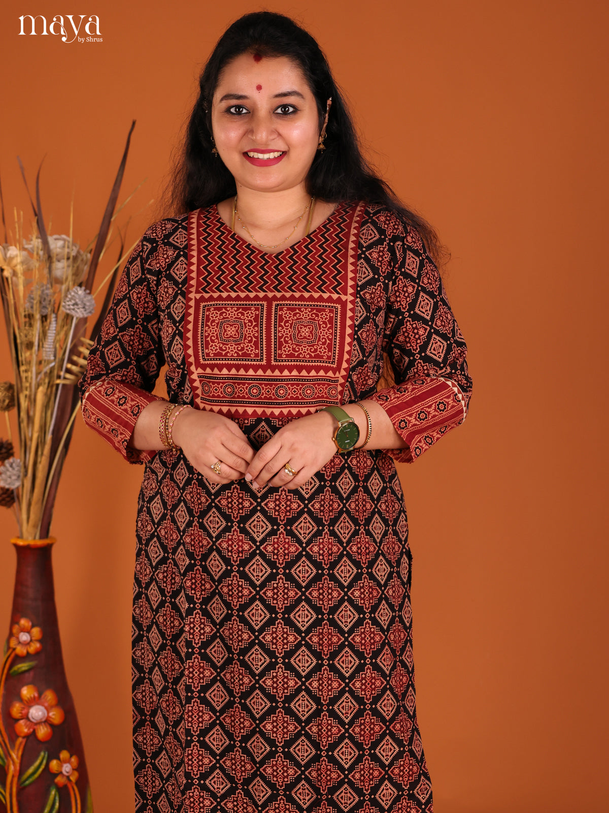 Black & Red Ajrakh Prinetd Readymade Kurti