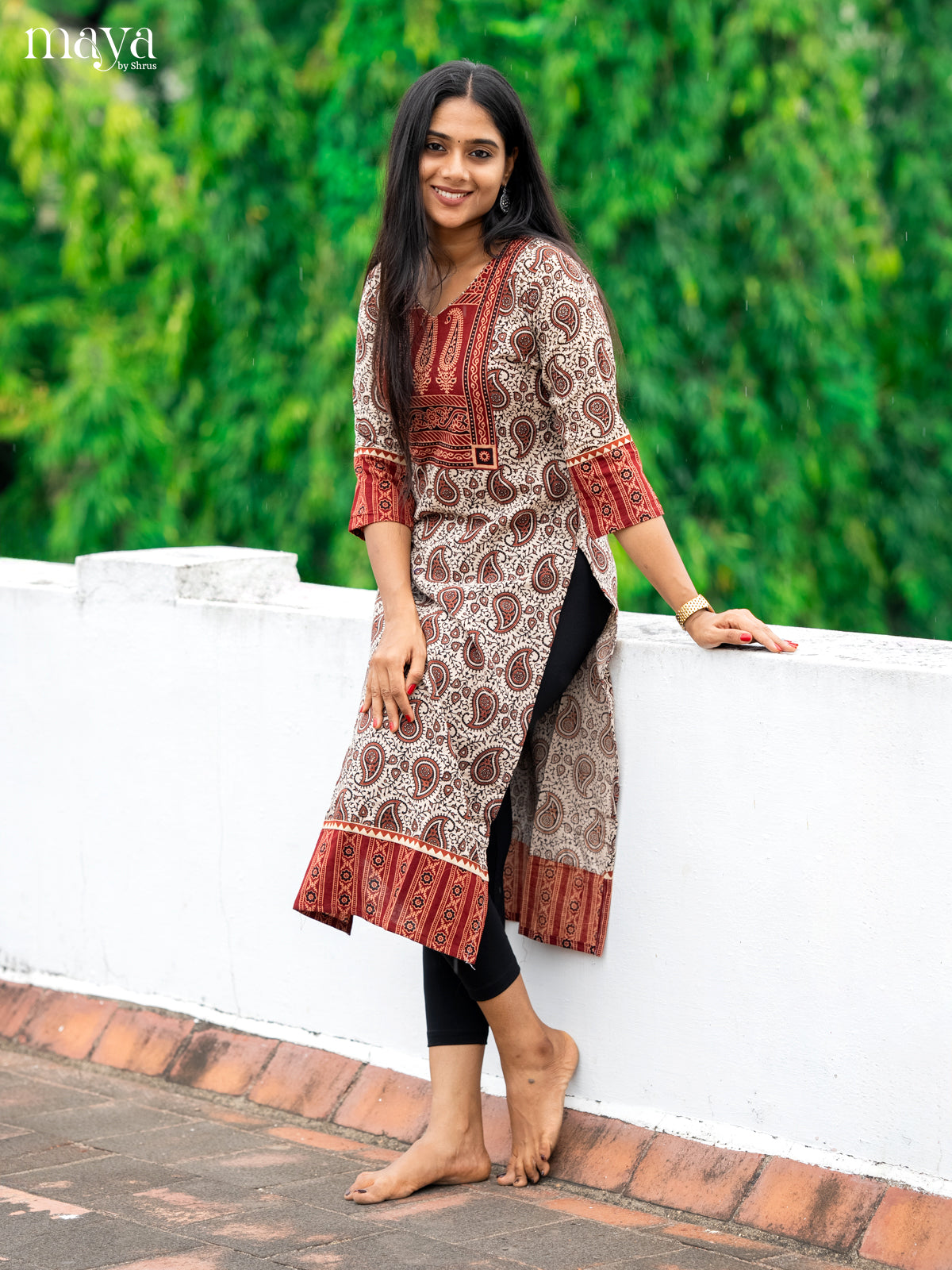 Grey & Red Ajrakh Printed Readymade Kurti