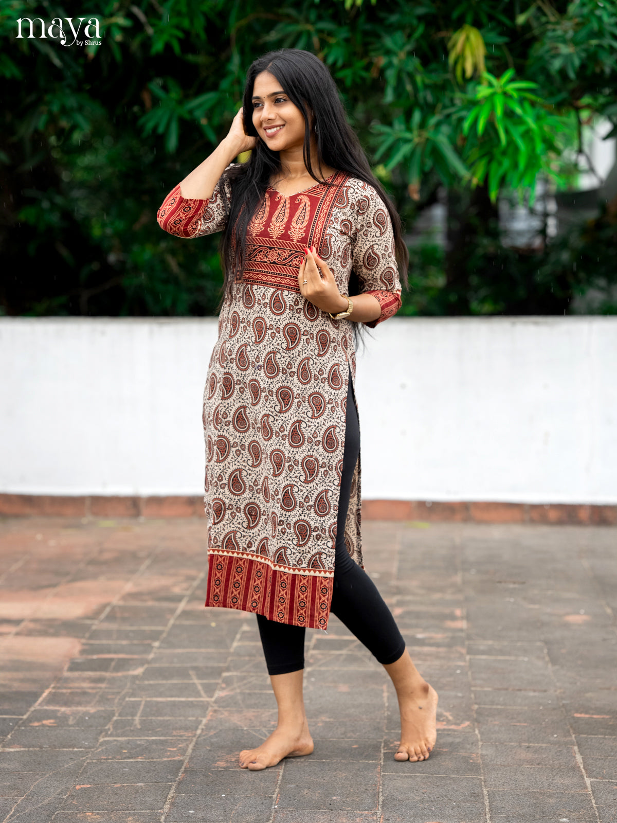 Grey & Red Ajrakh Printed Readymade Kurti