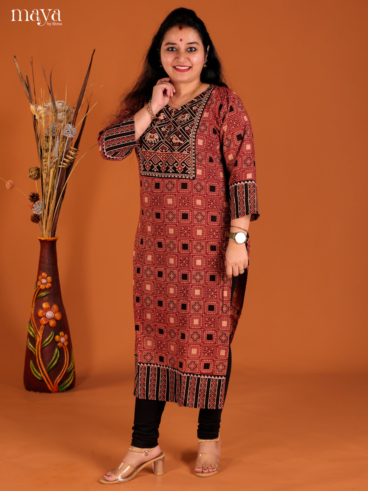 Red & Black Ajrakh Printed Readymade Kurti