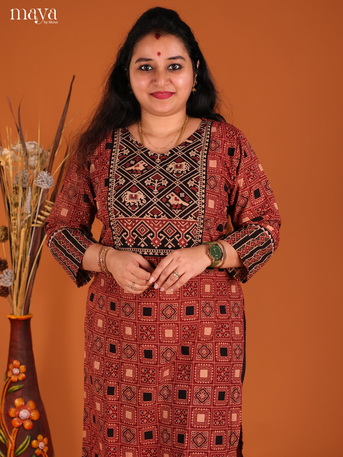 Red & Black Ajrakh Printed Readymade Kurti