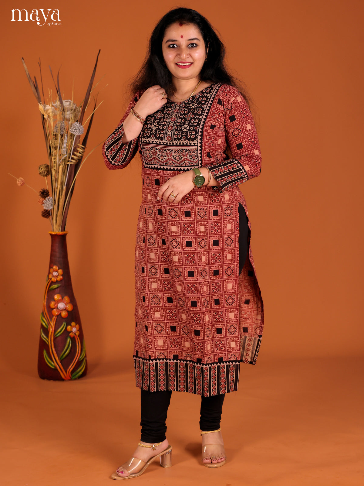 Red & Black Ajrakh printed Readymade Kurti