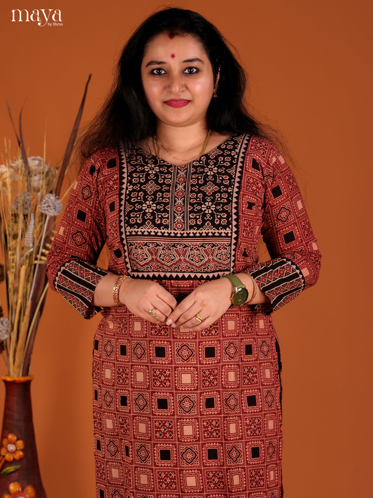 Red & Black Ajrakh printed Readymade Kurti