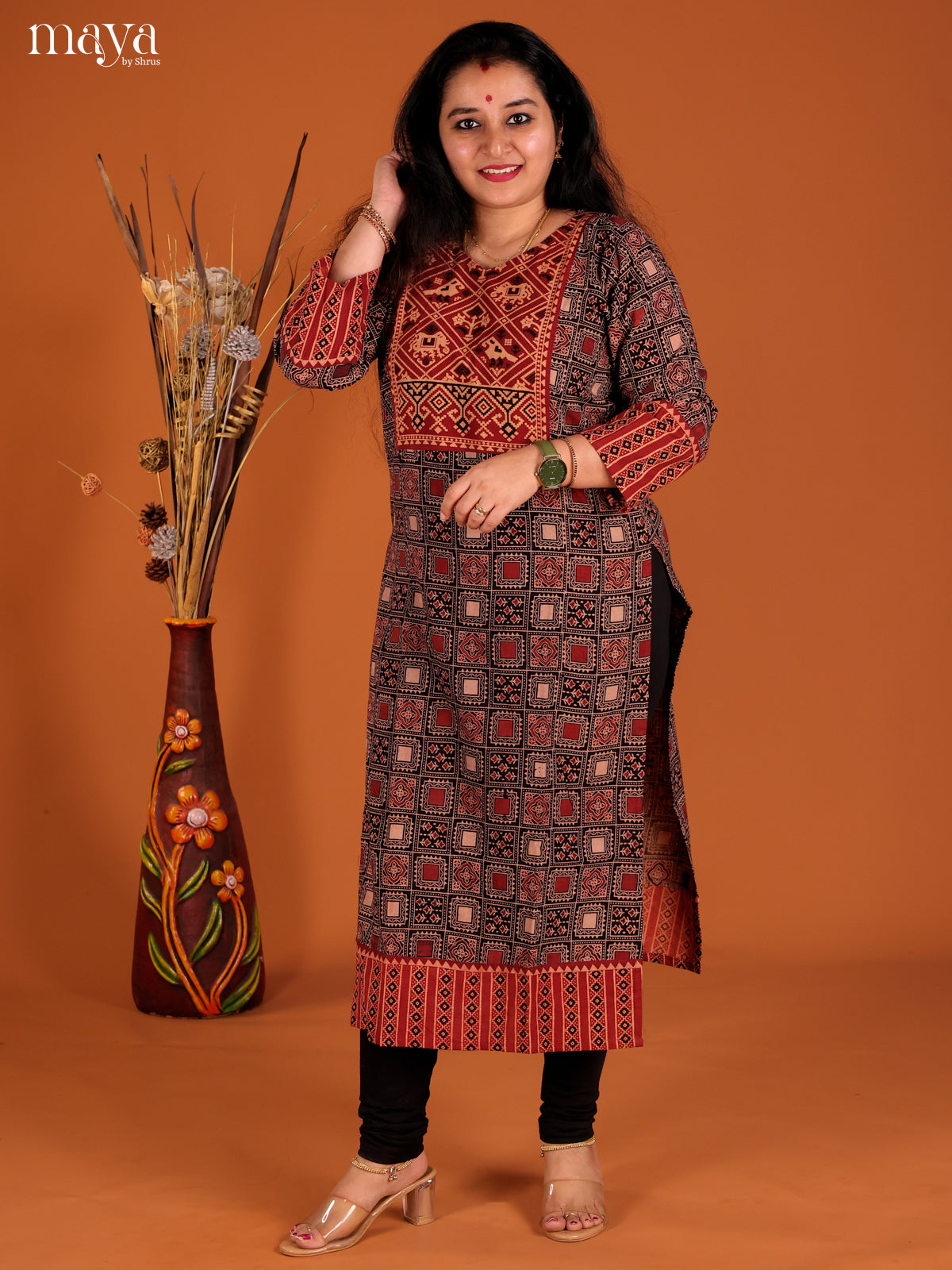 Black & Red Ajrakh printed Readymade Kurti