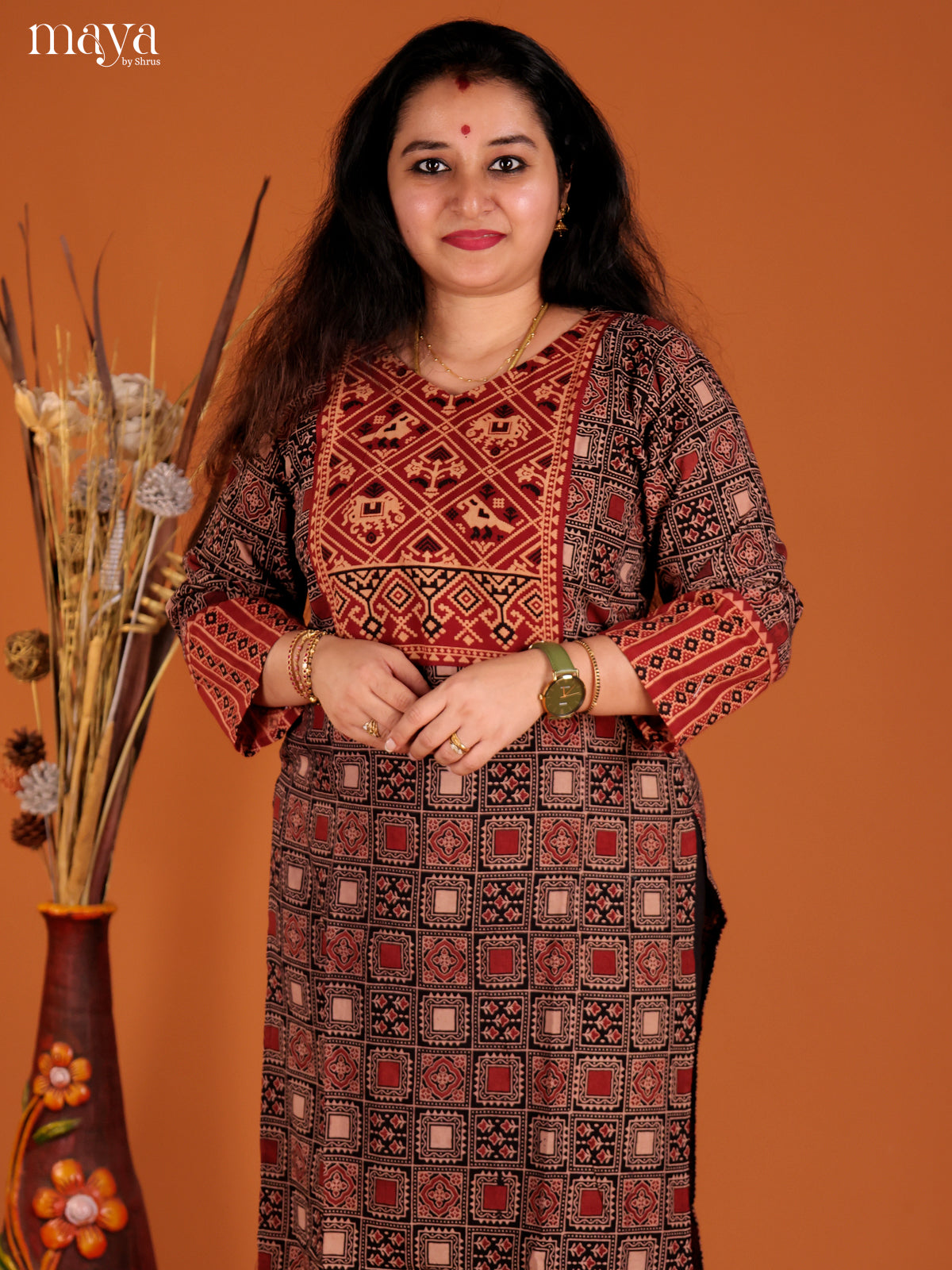 Black & Red Ajrakh printed Readymade Kurti