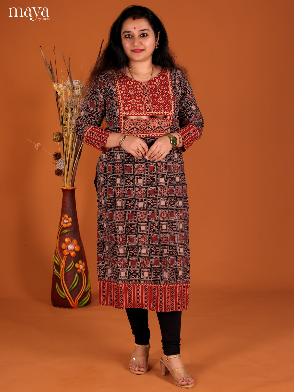 Black & Red Ajrakh Printed Readymade Kurti