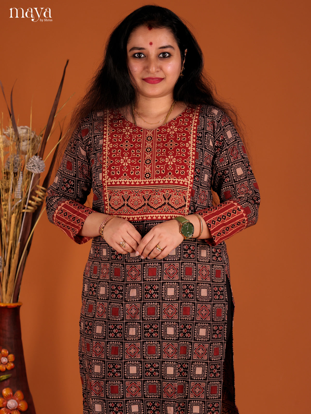 Black & Red Ajrakh Printed Readymade Kurti