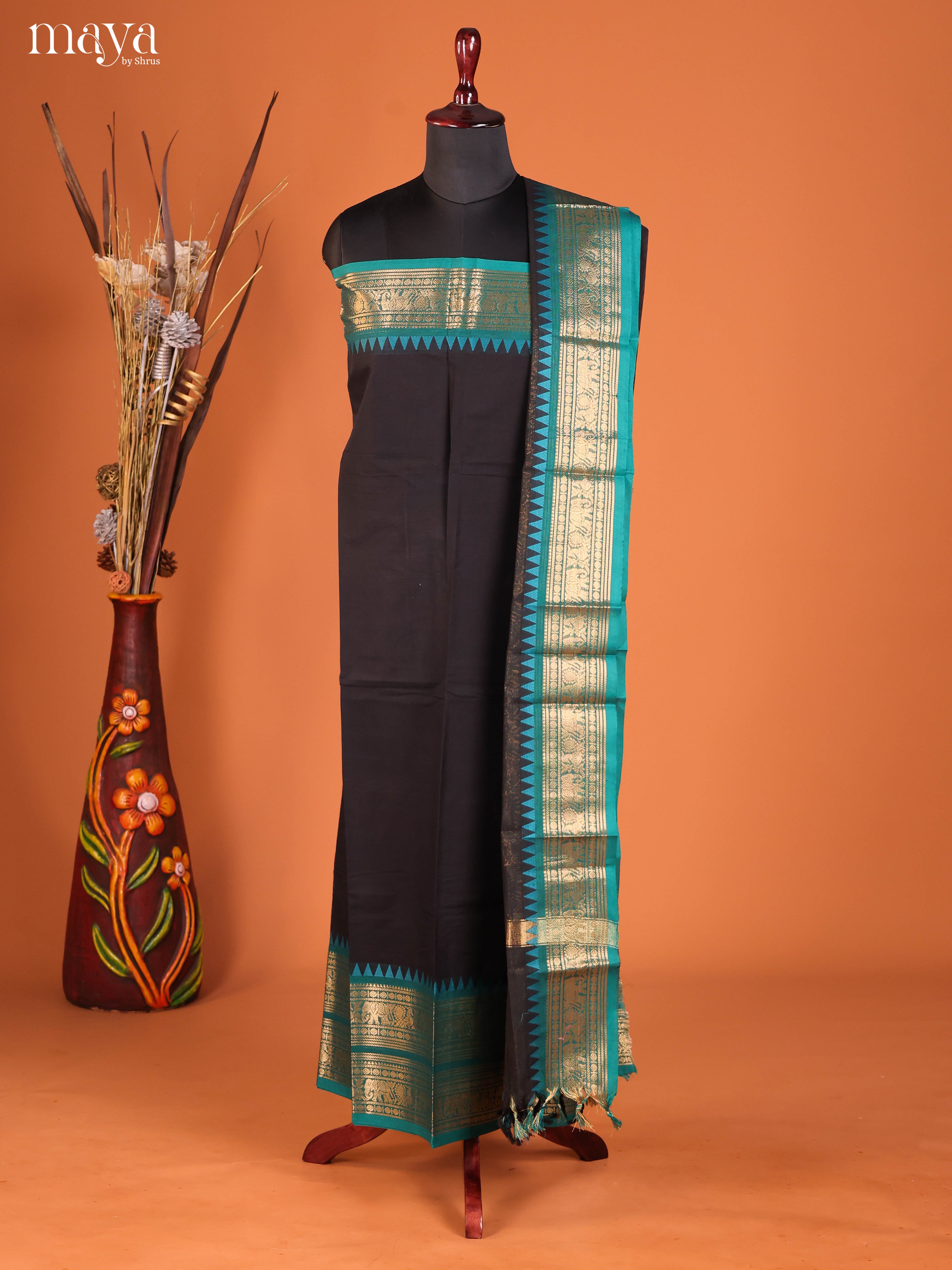 Black & Blue-chettinad top & dupatta combo