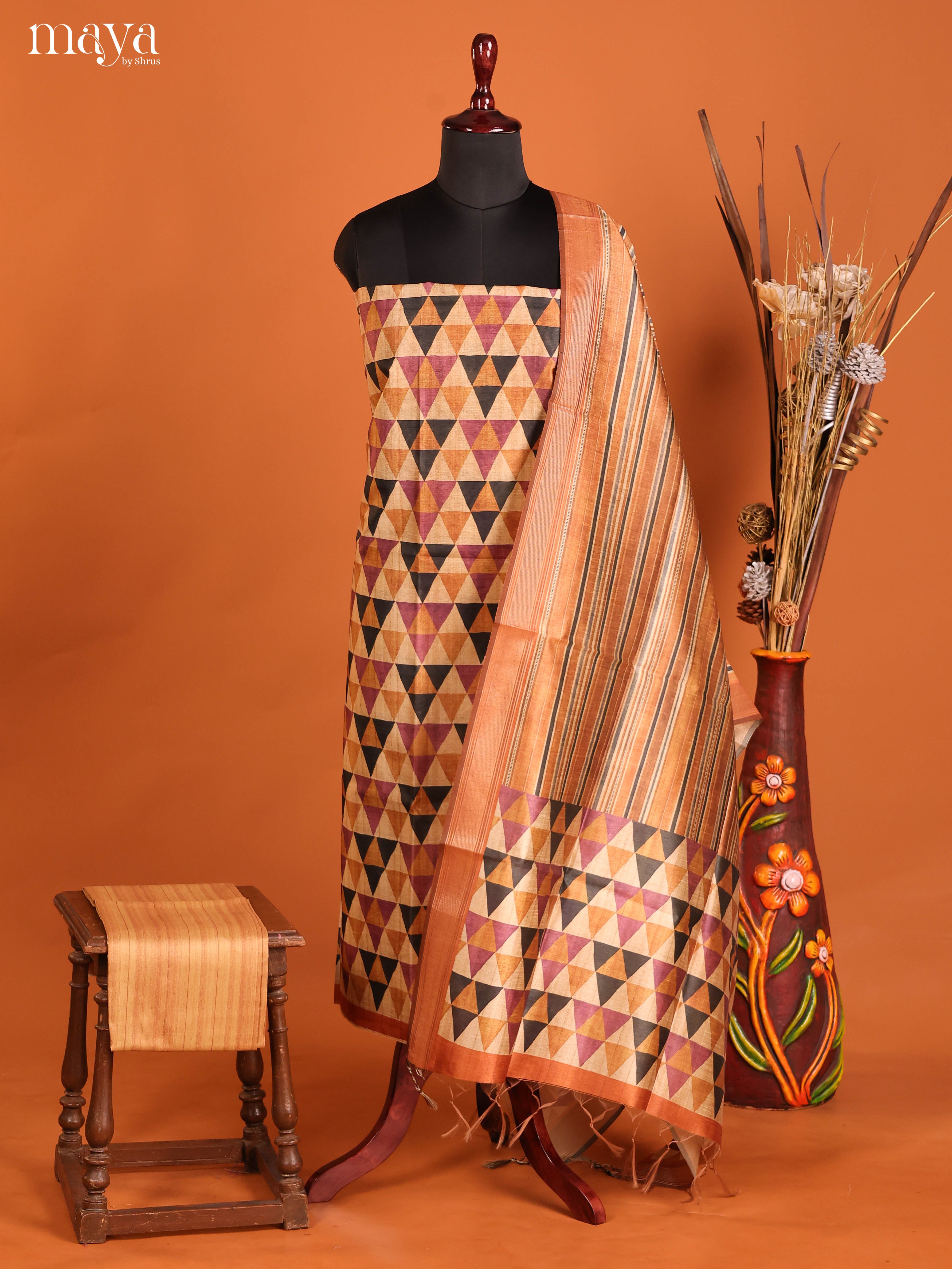 Brown-Semi Tussar Salwar Unstitch