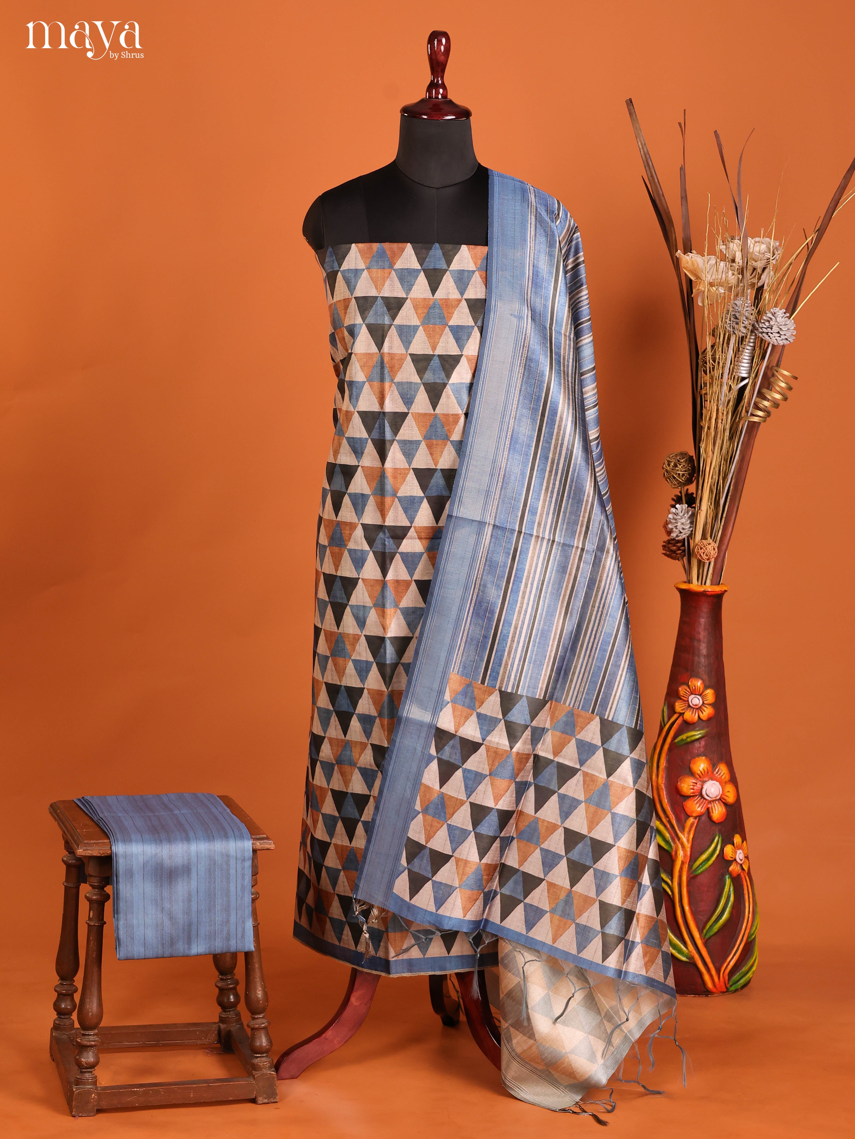 Blue & Grey -Semi Tussar Salwar Unstitch