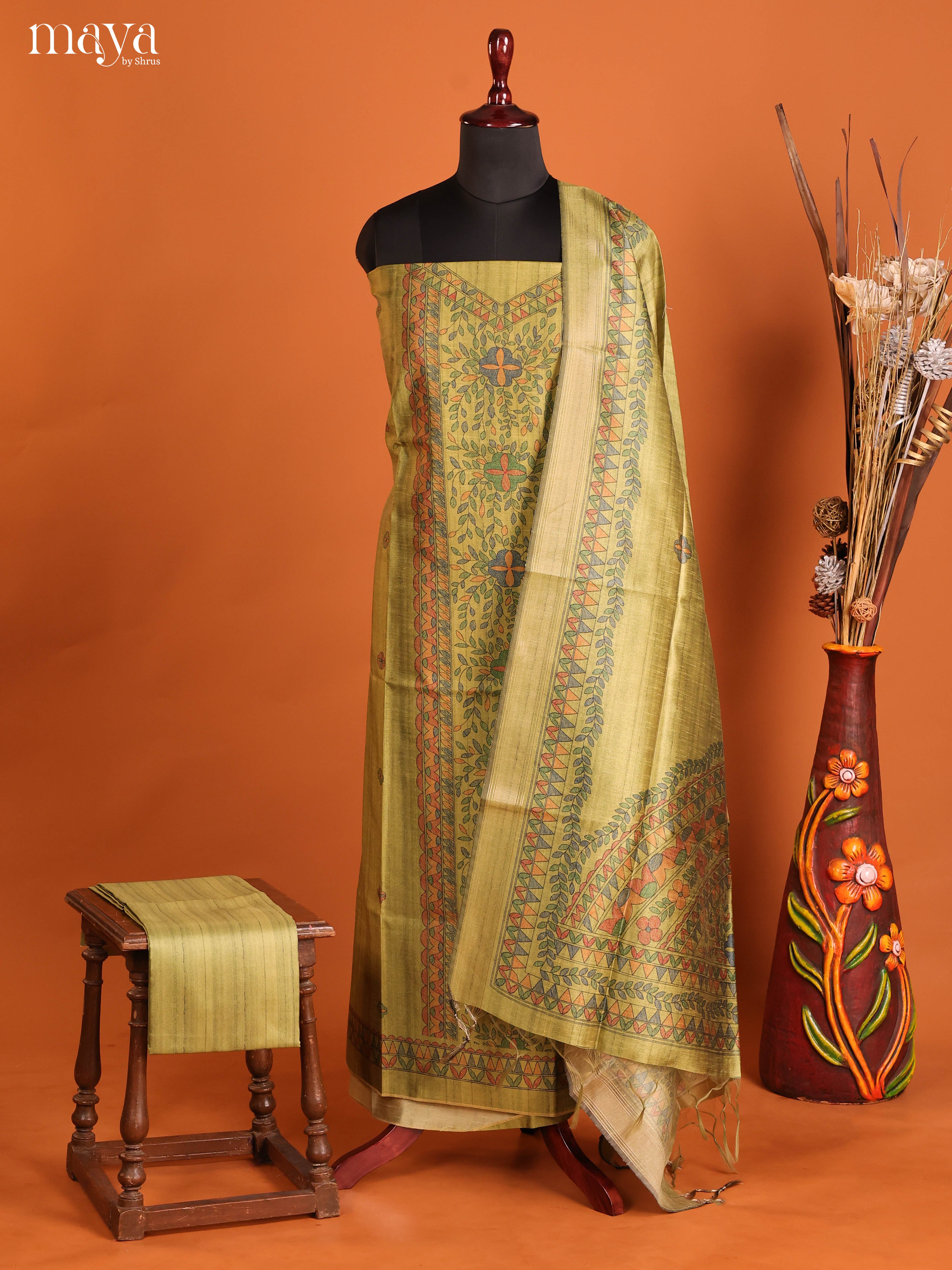 Green-Semi Tussar Salwar Unstitch