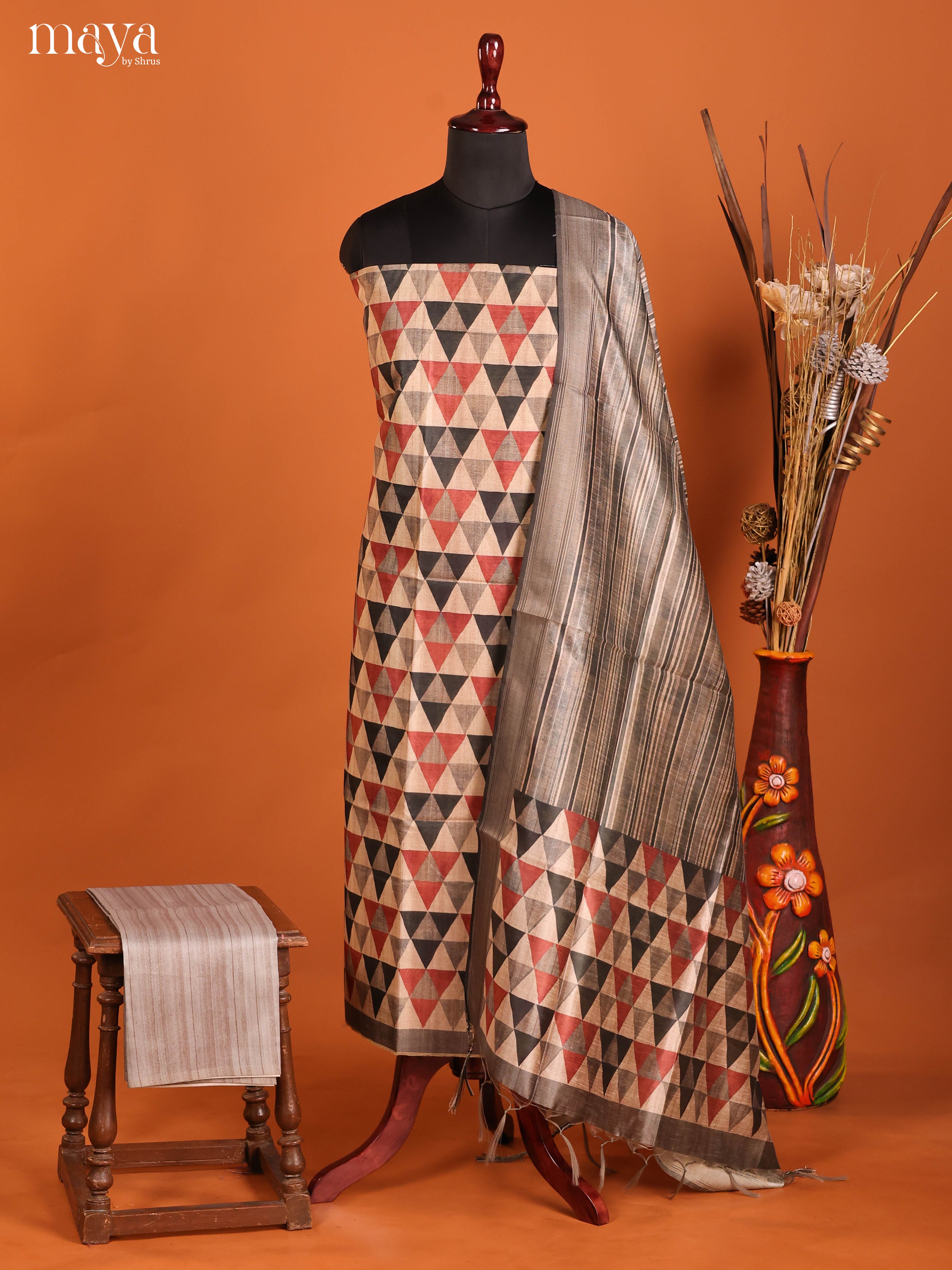 Grey & Black-Semi Tussar Salwar Unstitch