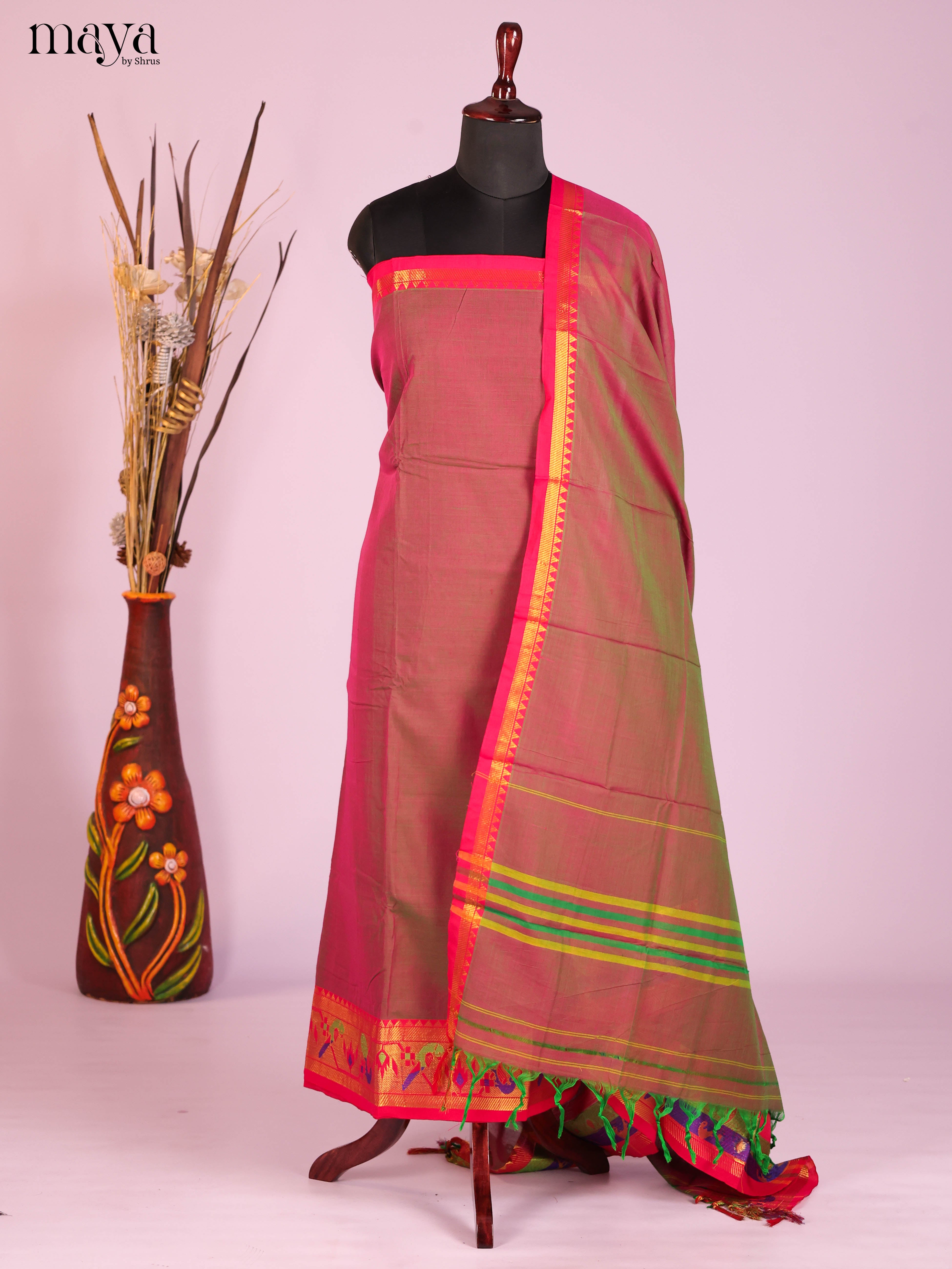 Double Shaded Brown & Red  -Narayanpet top & dupatta combo