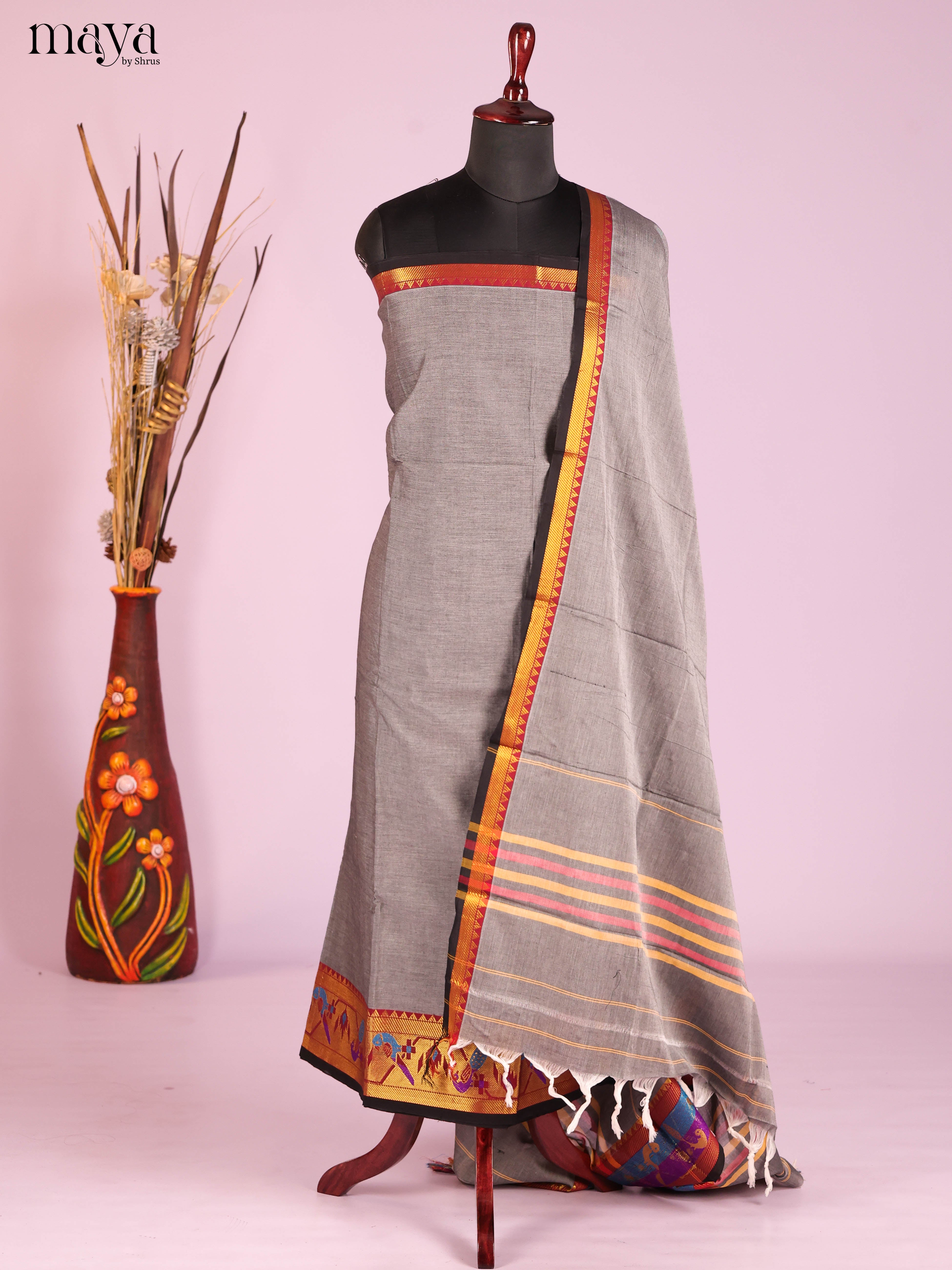 Grey & Maroon -Narayanpet top & dupatta combo