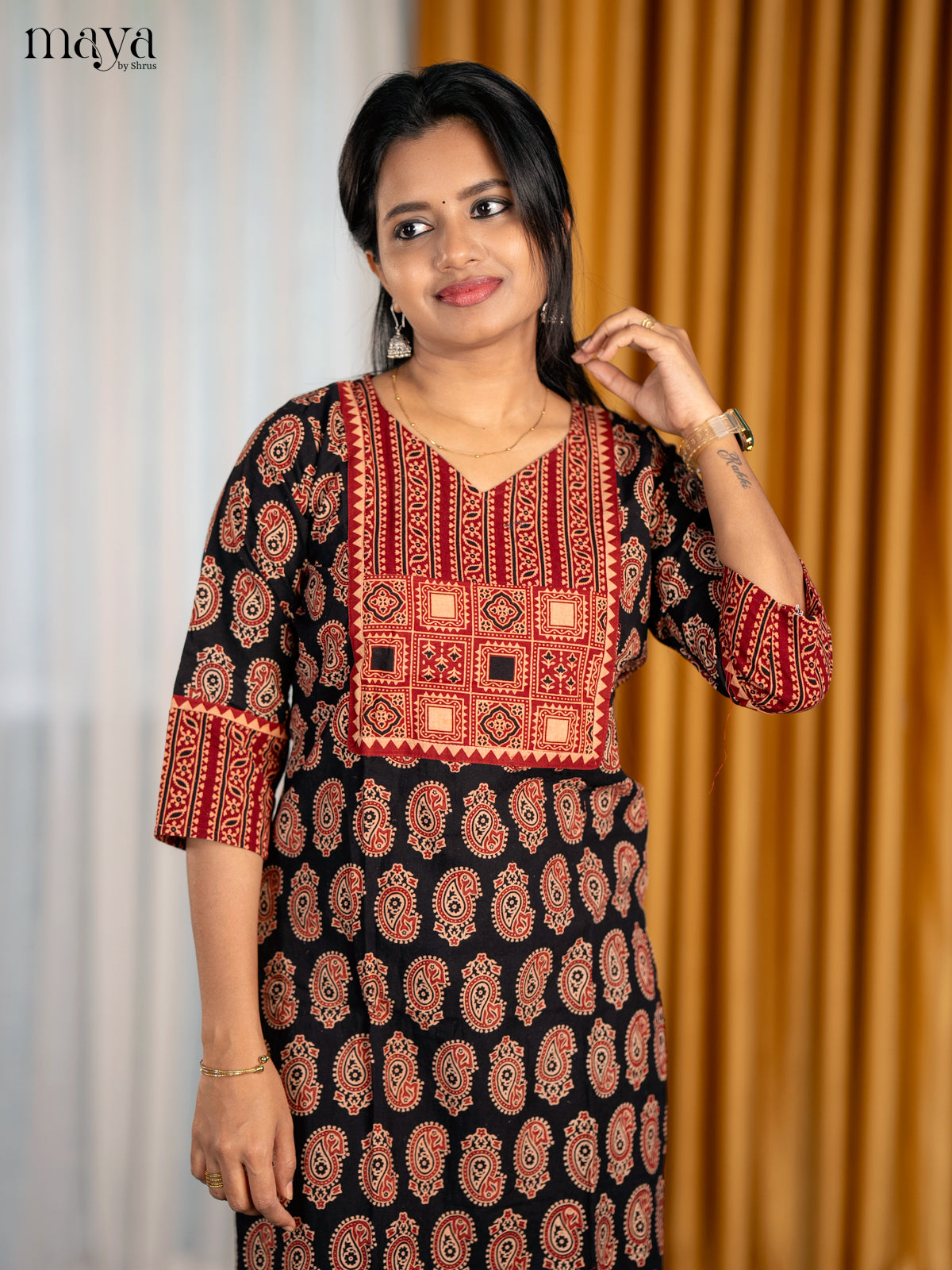 Black & Red Ajrakh Printed Readymade Kurti