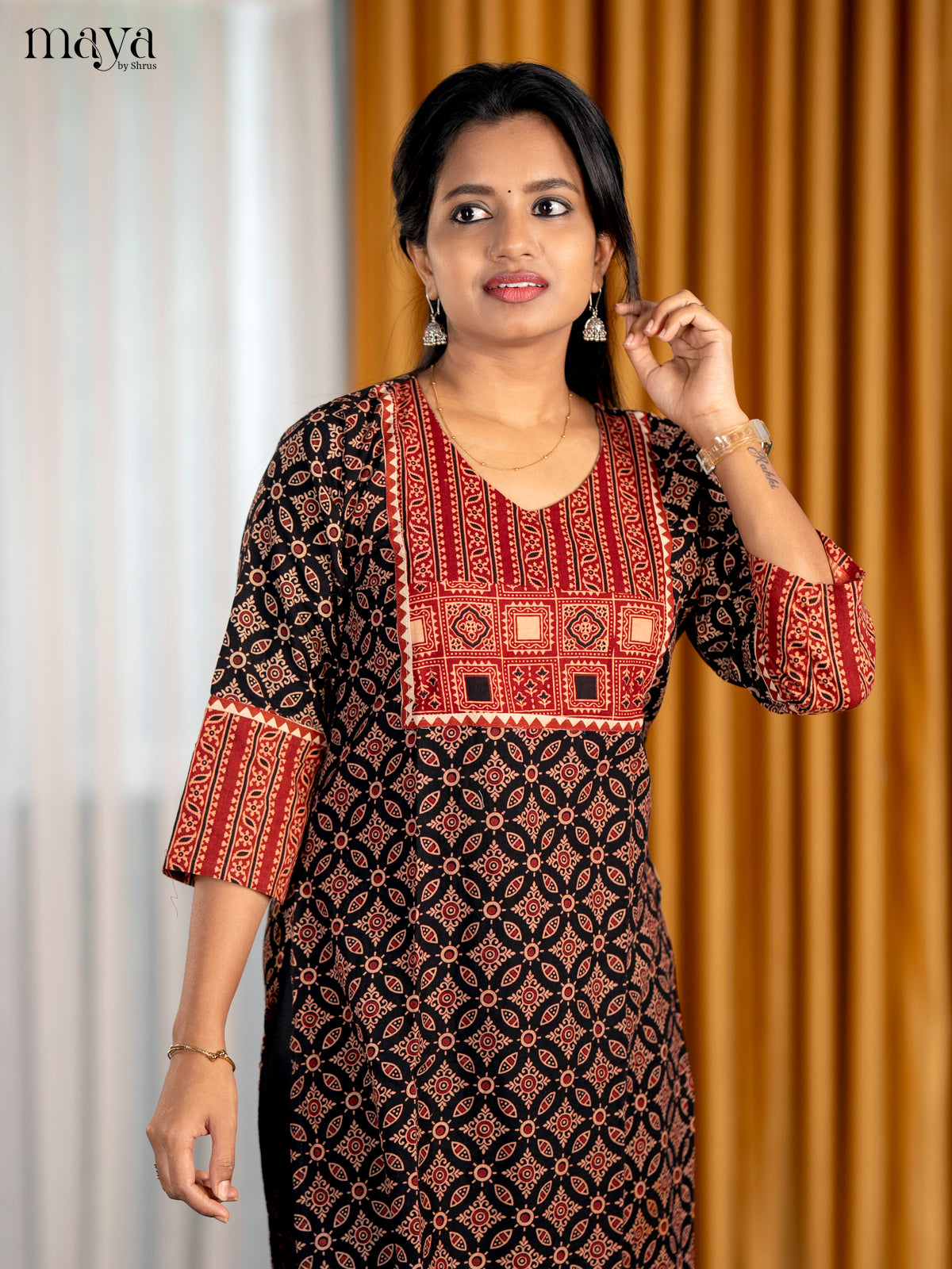 Black & Red Ajrakh Printed Readymade Kurti