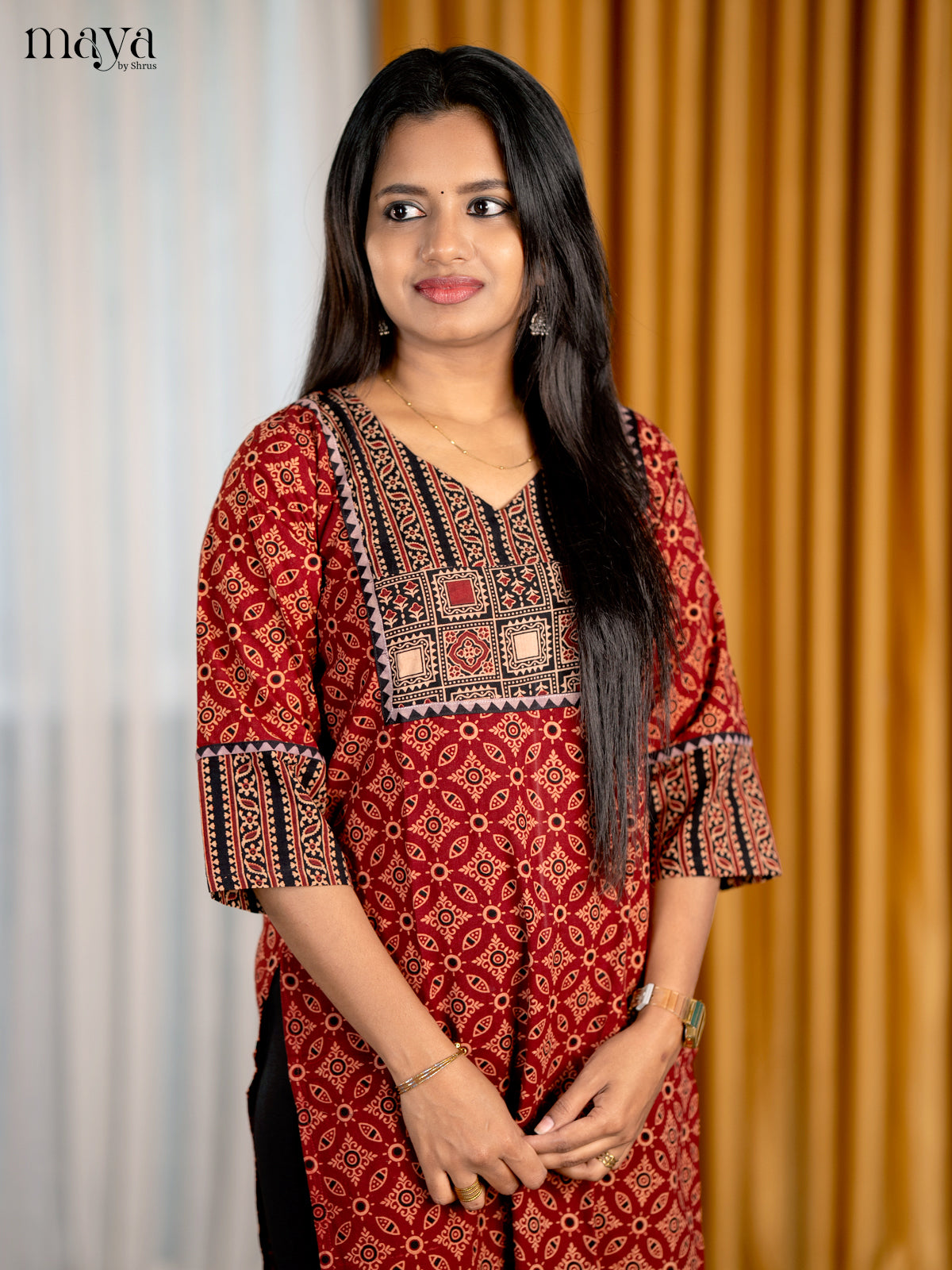 Red & Black Ajrakh Printed Readymade Kurti