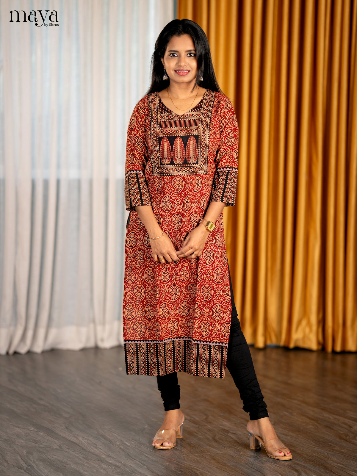 Red & Black Ajrakh Printed Readymade Kurti