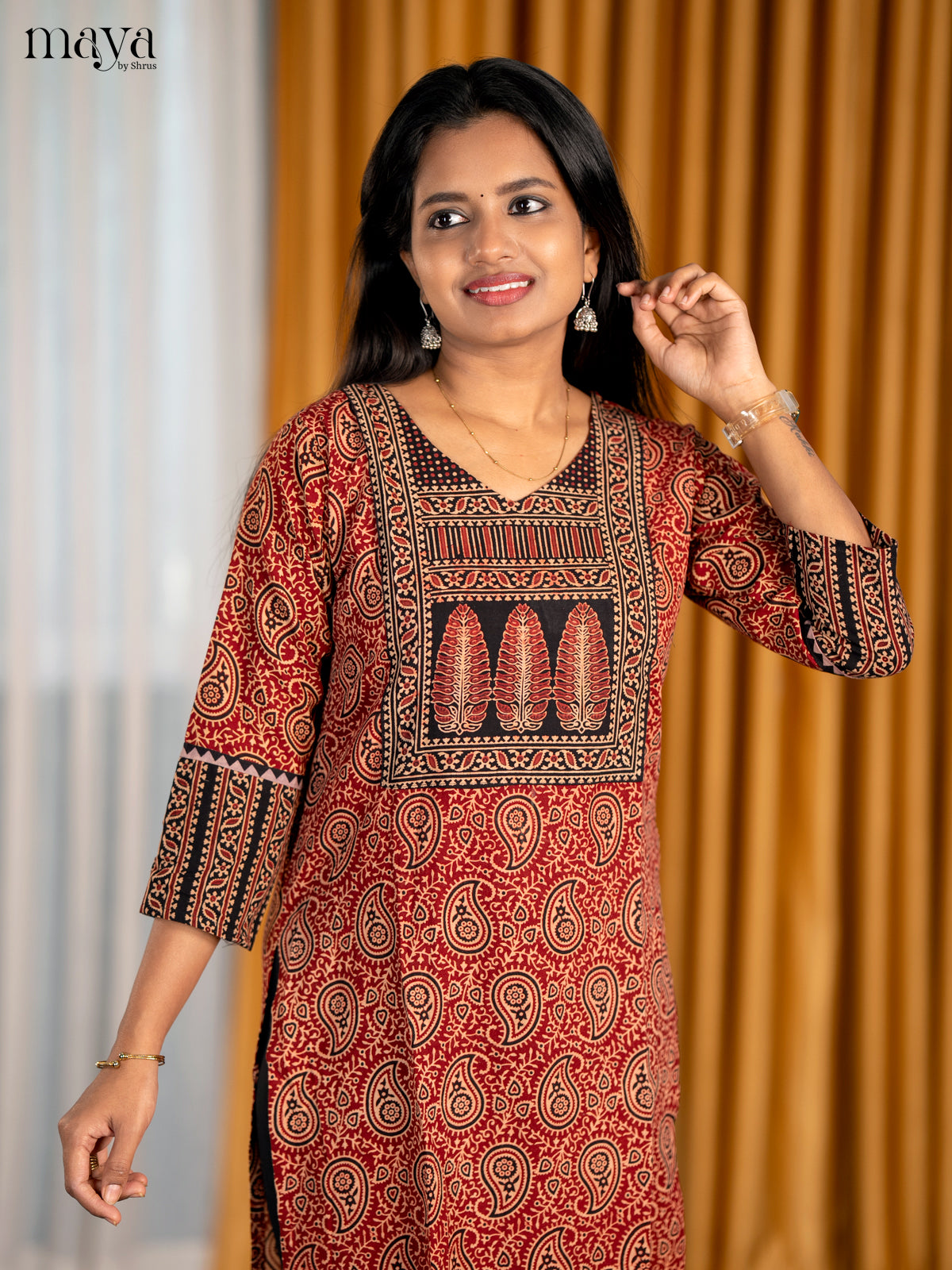 Red & Black Ajrakh Printed Readymade Kurti