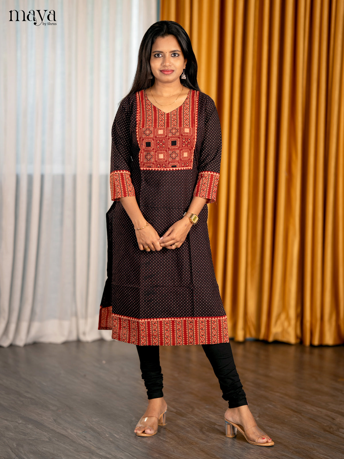 Black & Red Ajrakh Printed  Readymade Kurti