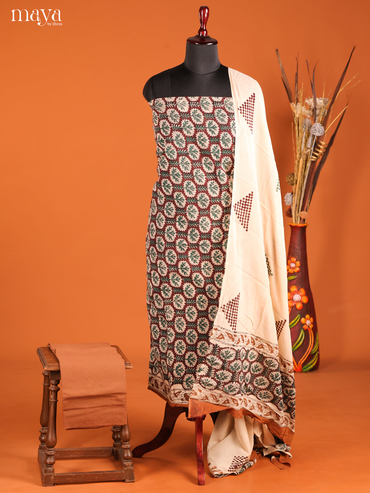 Maroon & Cream -Cotton salwar Unstitched