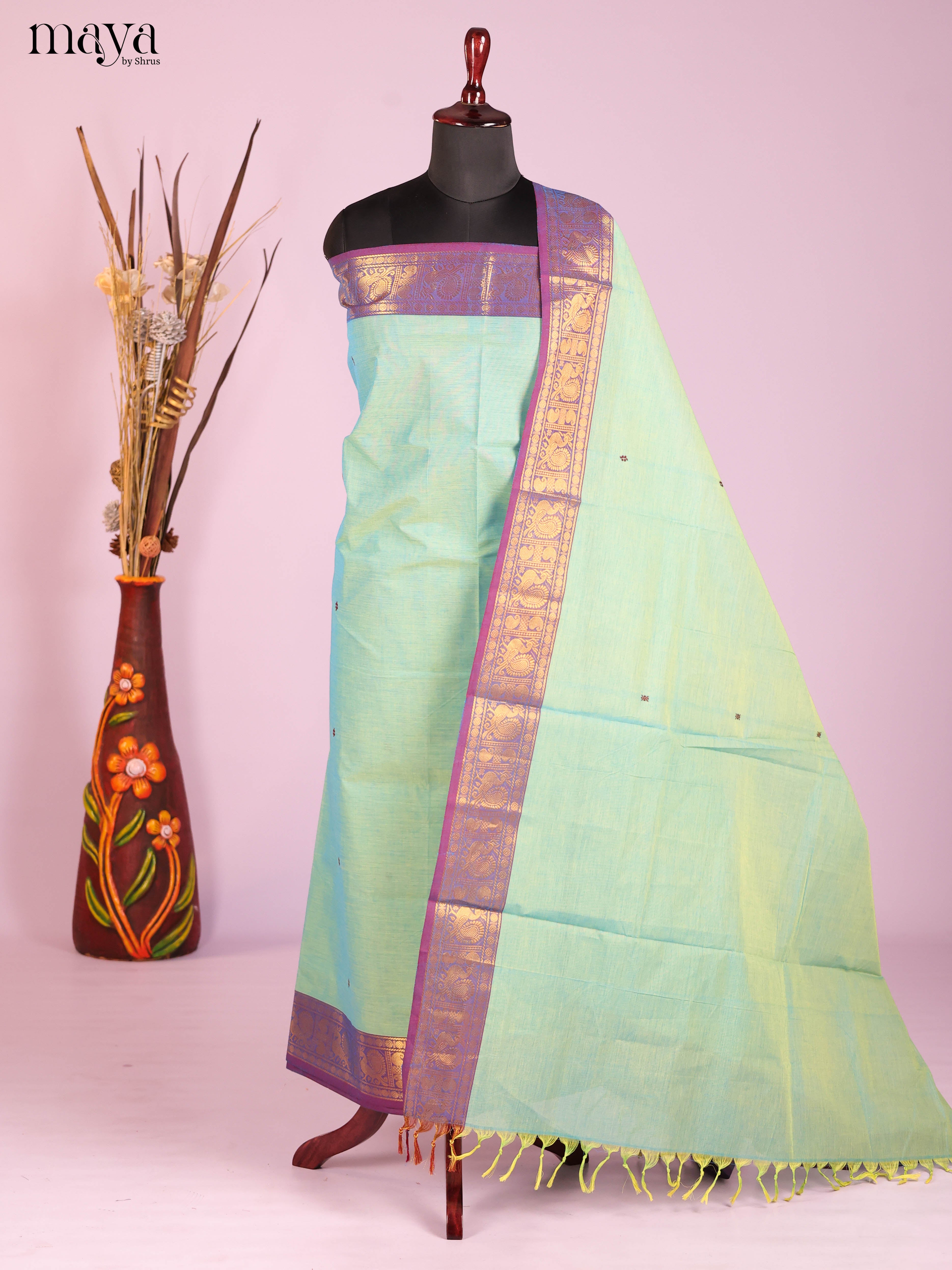 Ice Green & Purple-Narayanpet top & dupatta combo