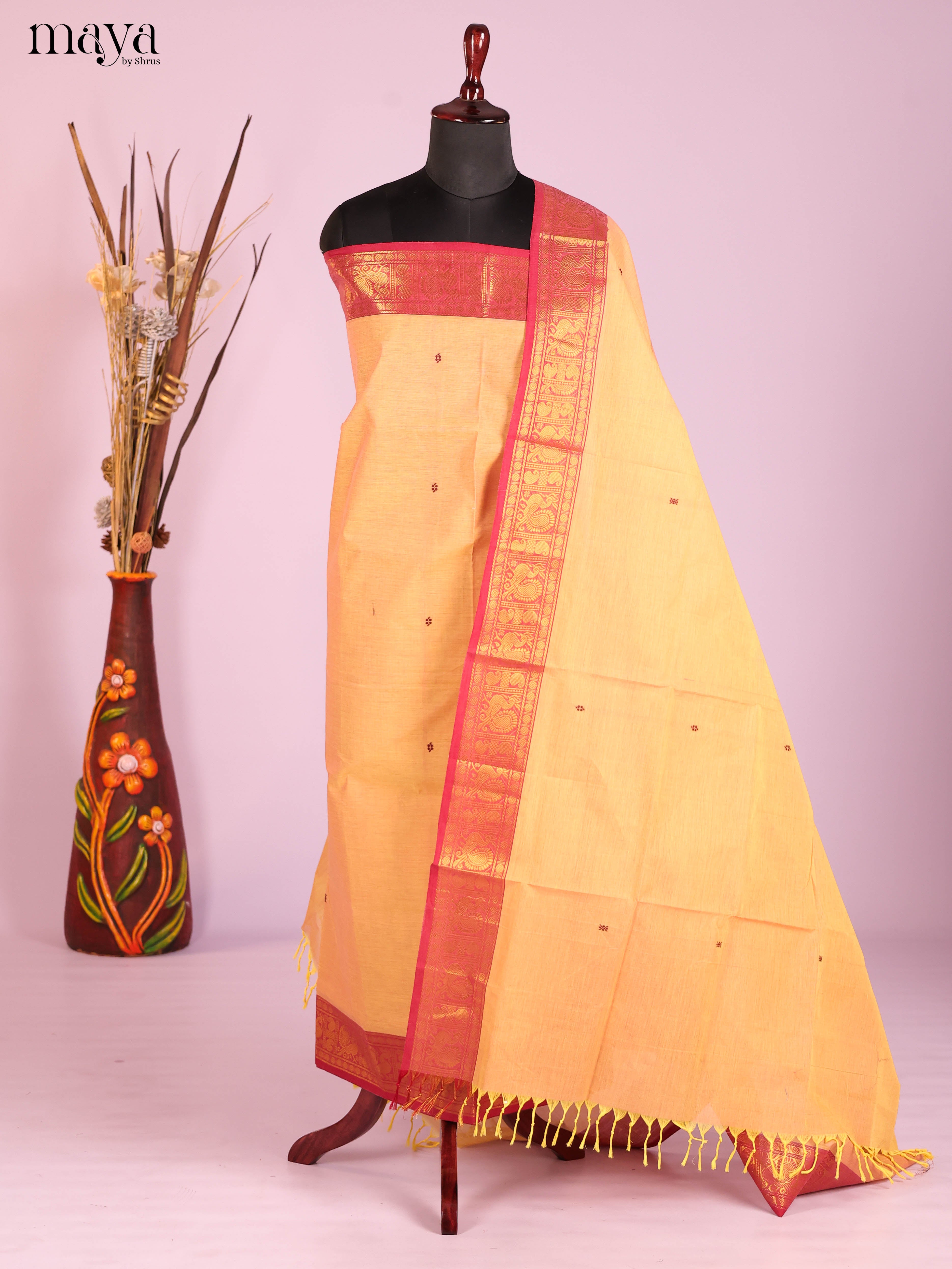 Peach & Red-Narayanpet top & dupatta combo
