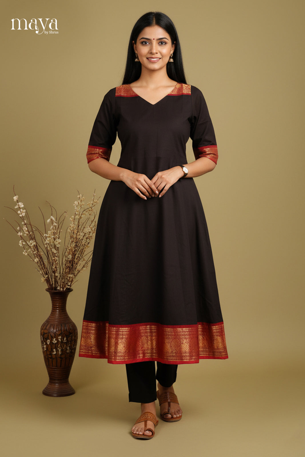Black & Red-Chettinad Cotton Readymade Kurti