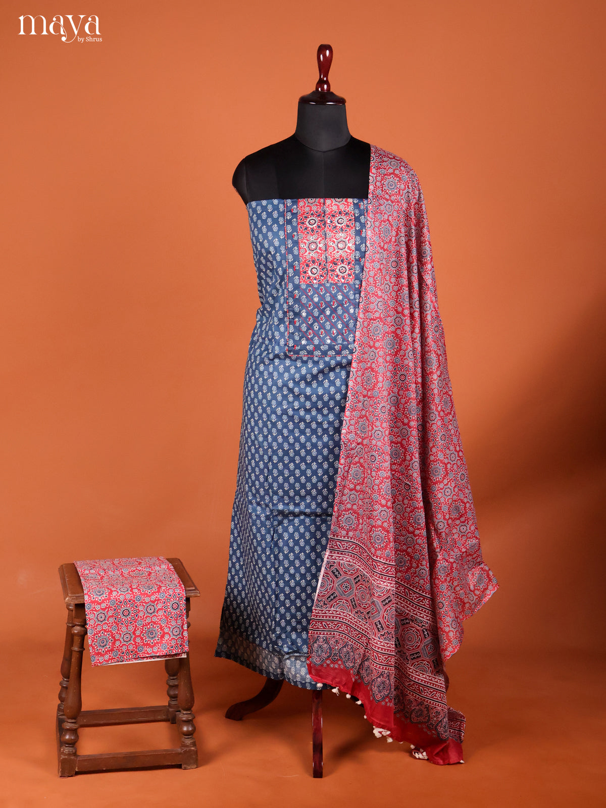Blue & Red-Chanderi salwar Unstitch