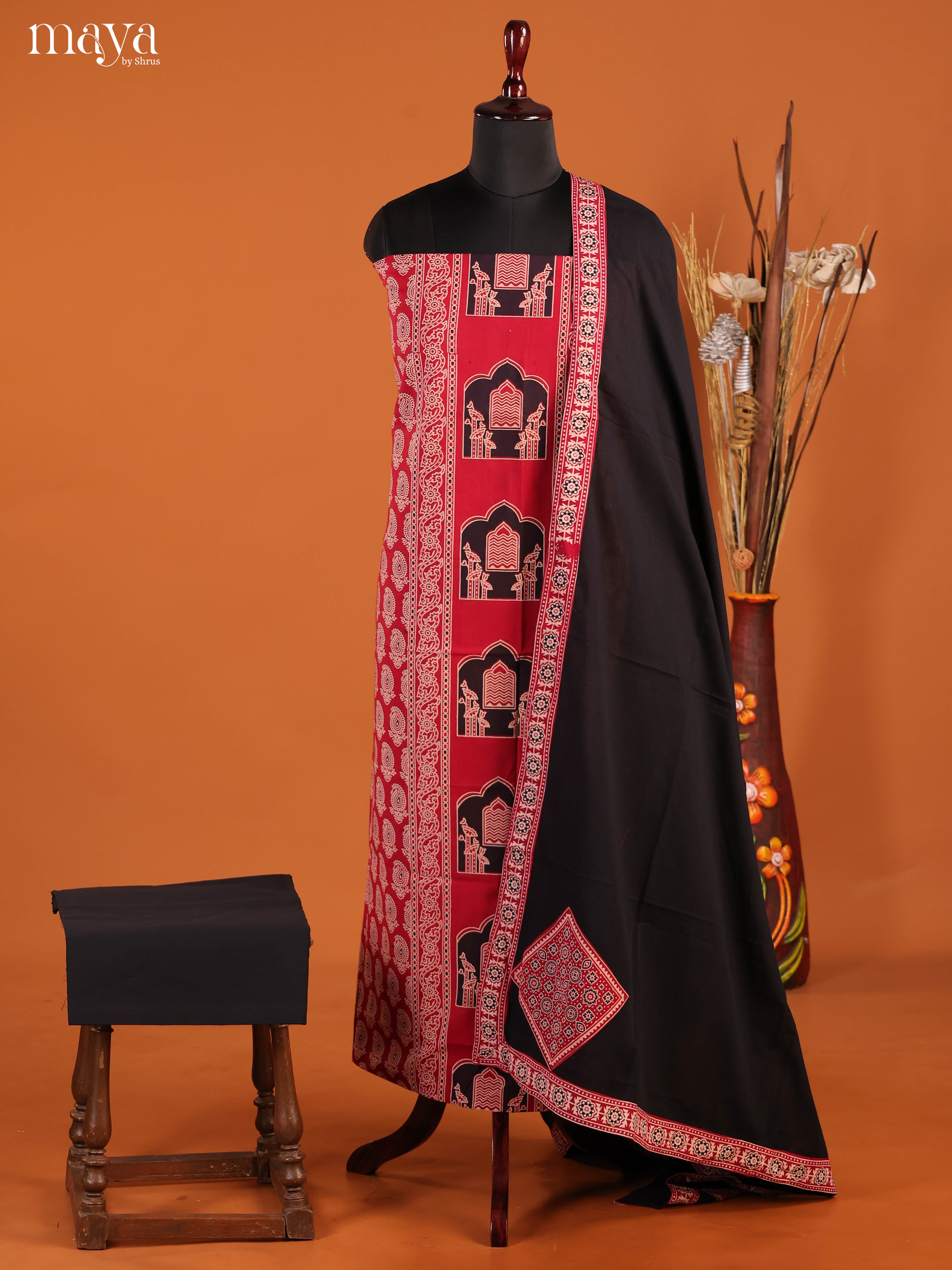 Red & Black-Ajrakh Salwar Unstitch