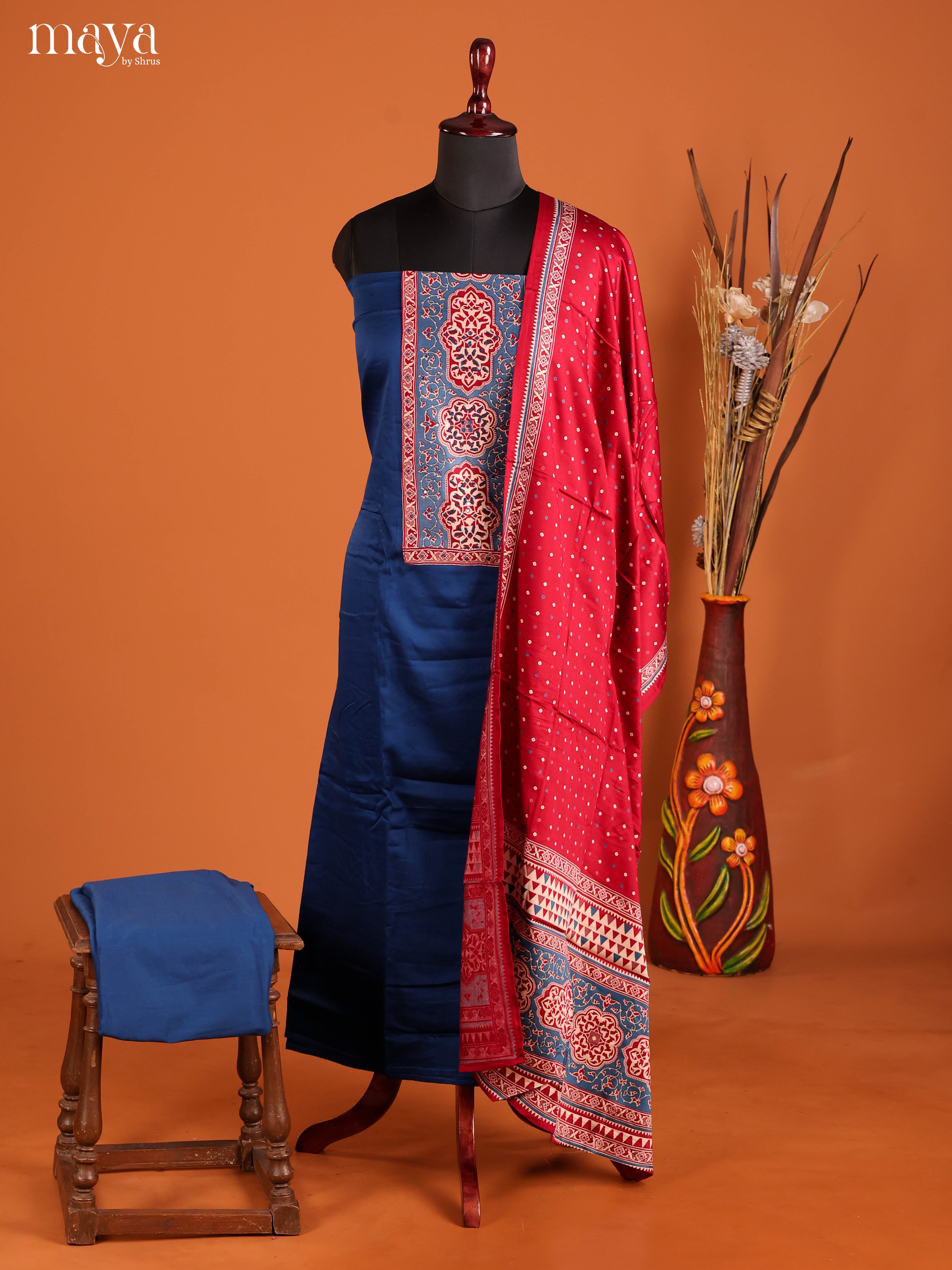 Blue & Red-Ajrakh Salwar Unstitch