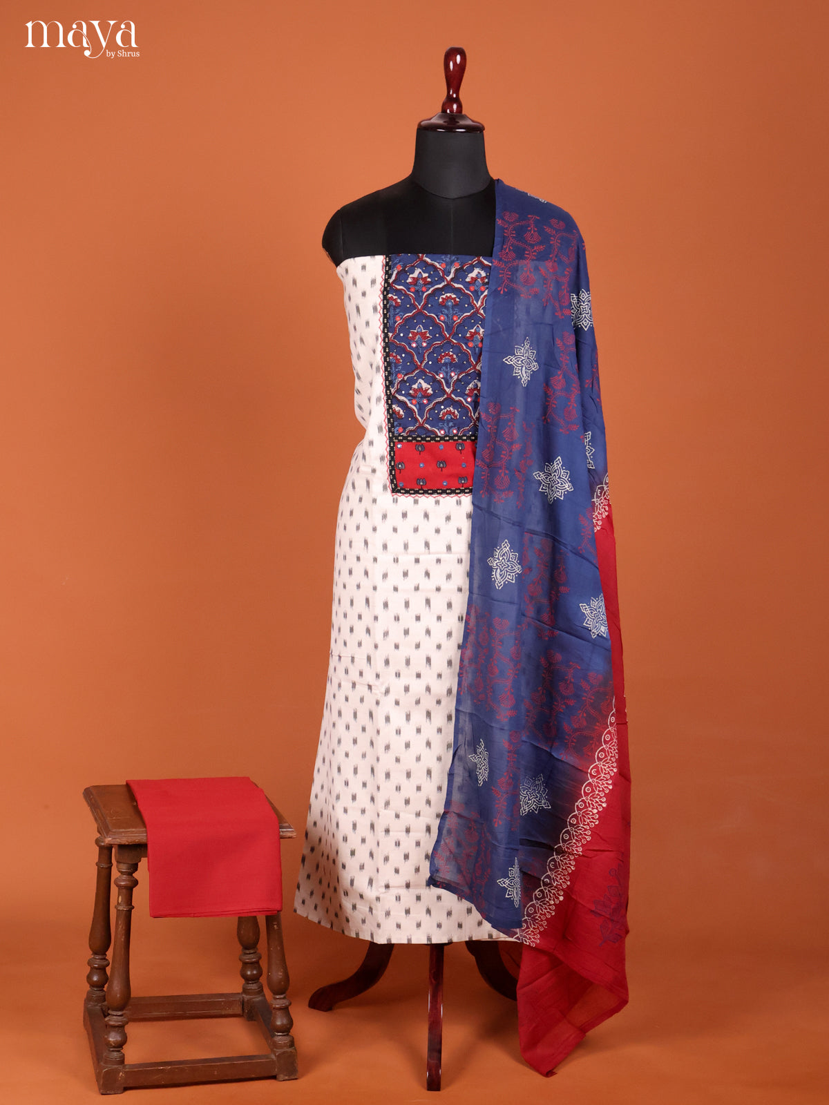 Cream & Red-Ajrakh Salwar Unstitch
