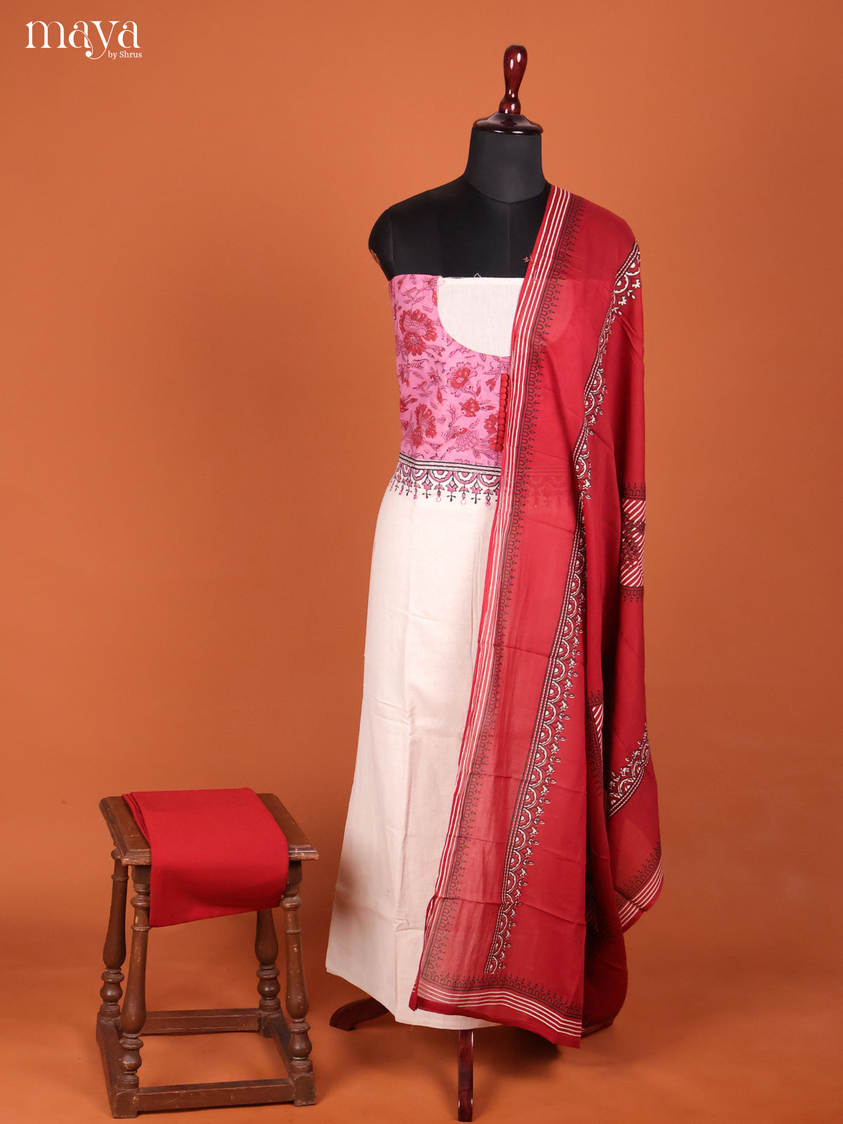Cream & Red-Ajrakh Salwar Unstitch
