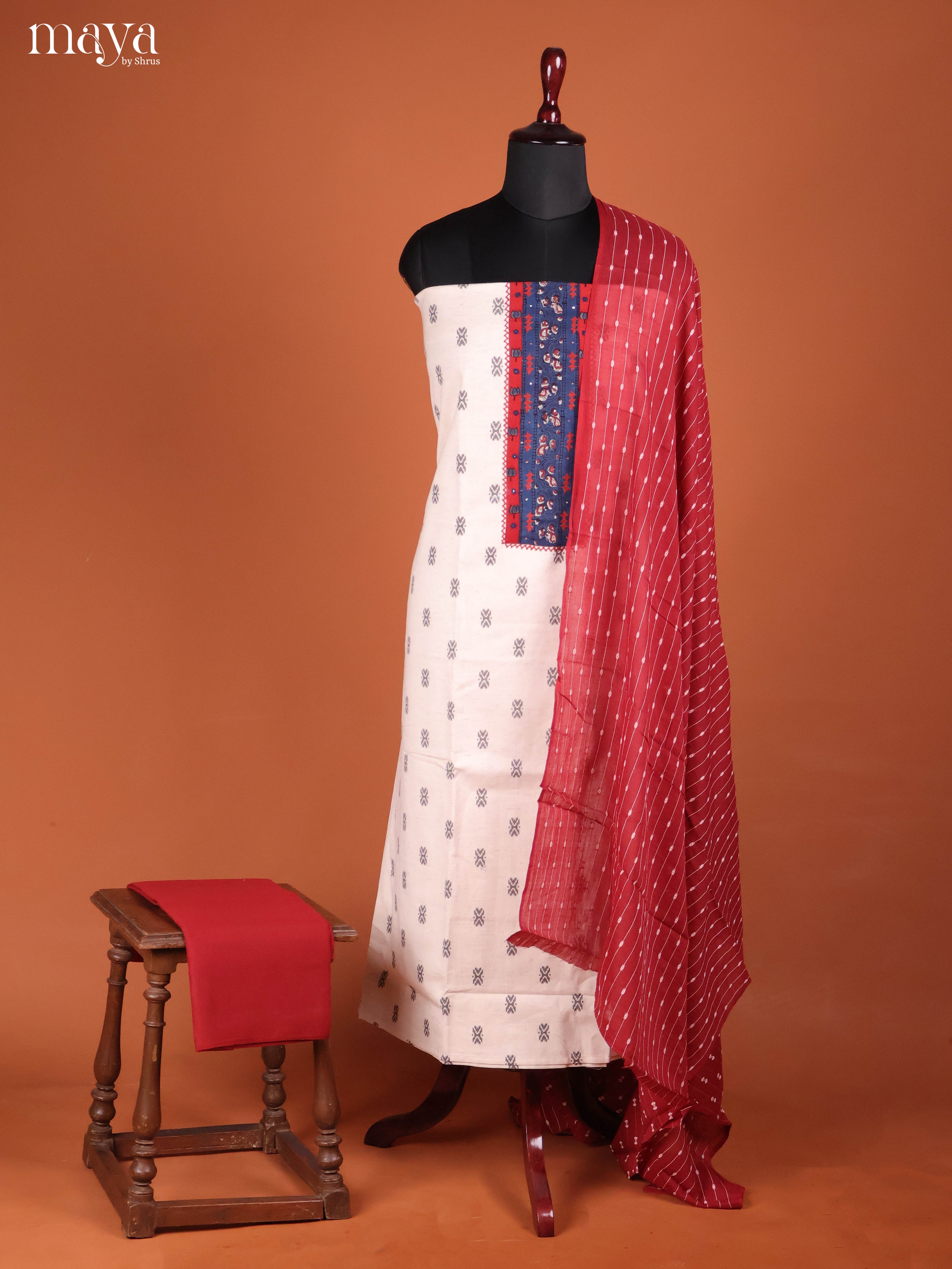 Cream & Red-Ajrakh Salwar Unstitch