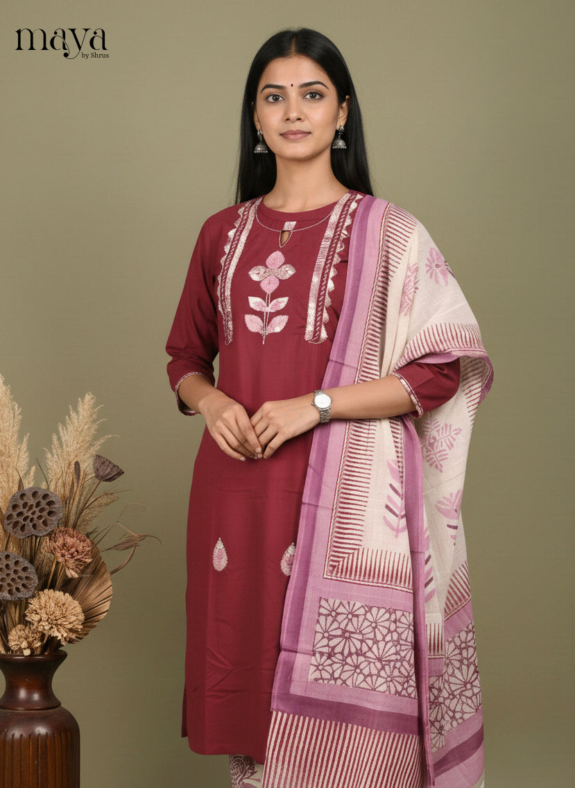 Maroon & Purple Floral Readymade 3 Piece Salwar Suit