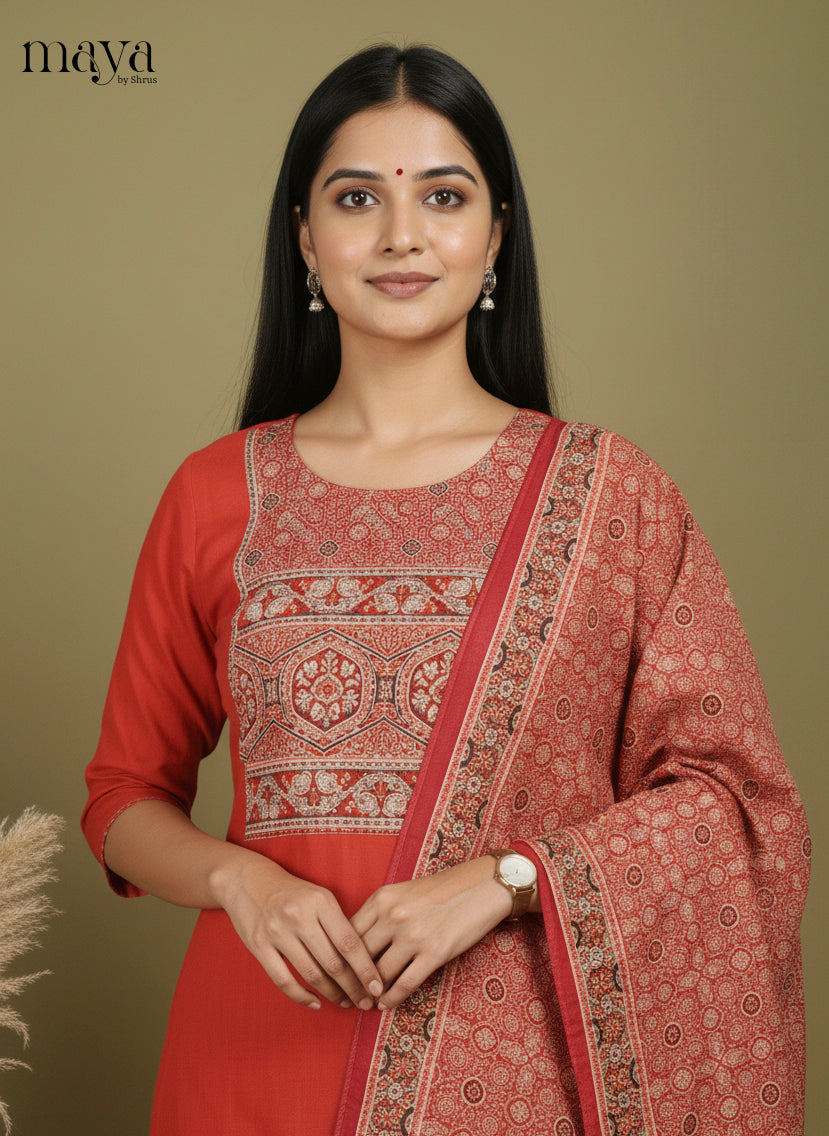 Red Ajrakh Printed Readymade 3 Piece Salwar Suit