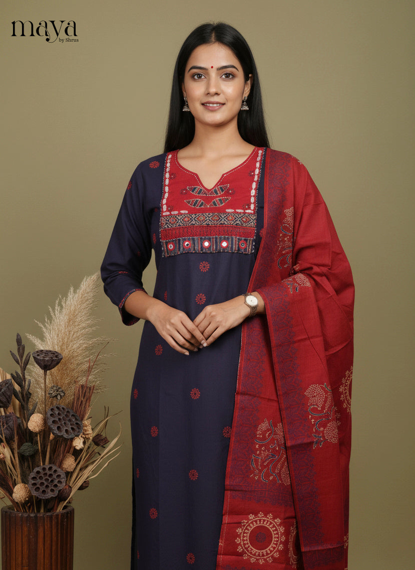 Blue & Red ajrakh printed Readymade 3 Piece Salwar