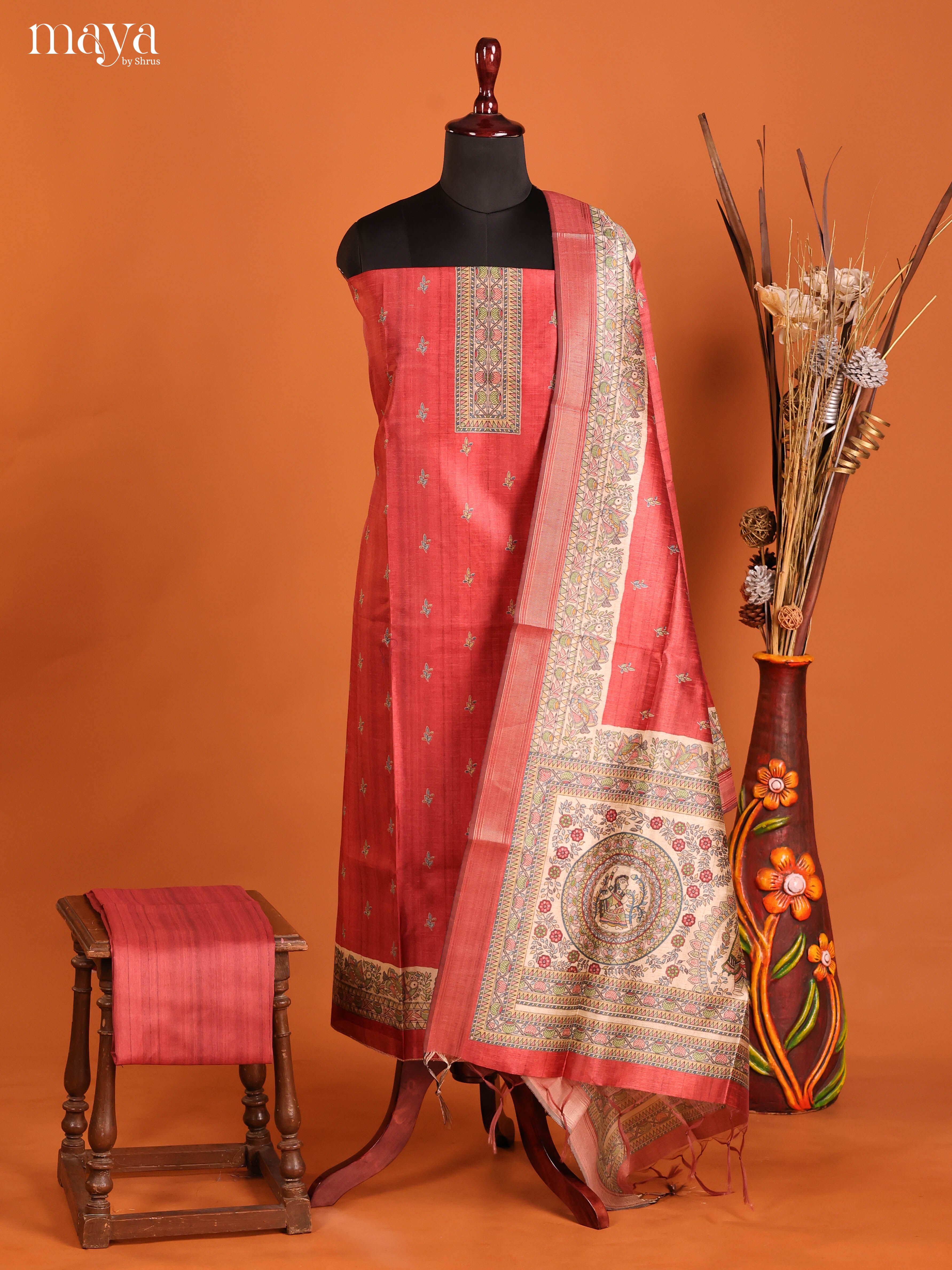 Red-Semi Tussar Salwar Unstitch