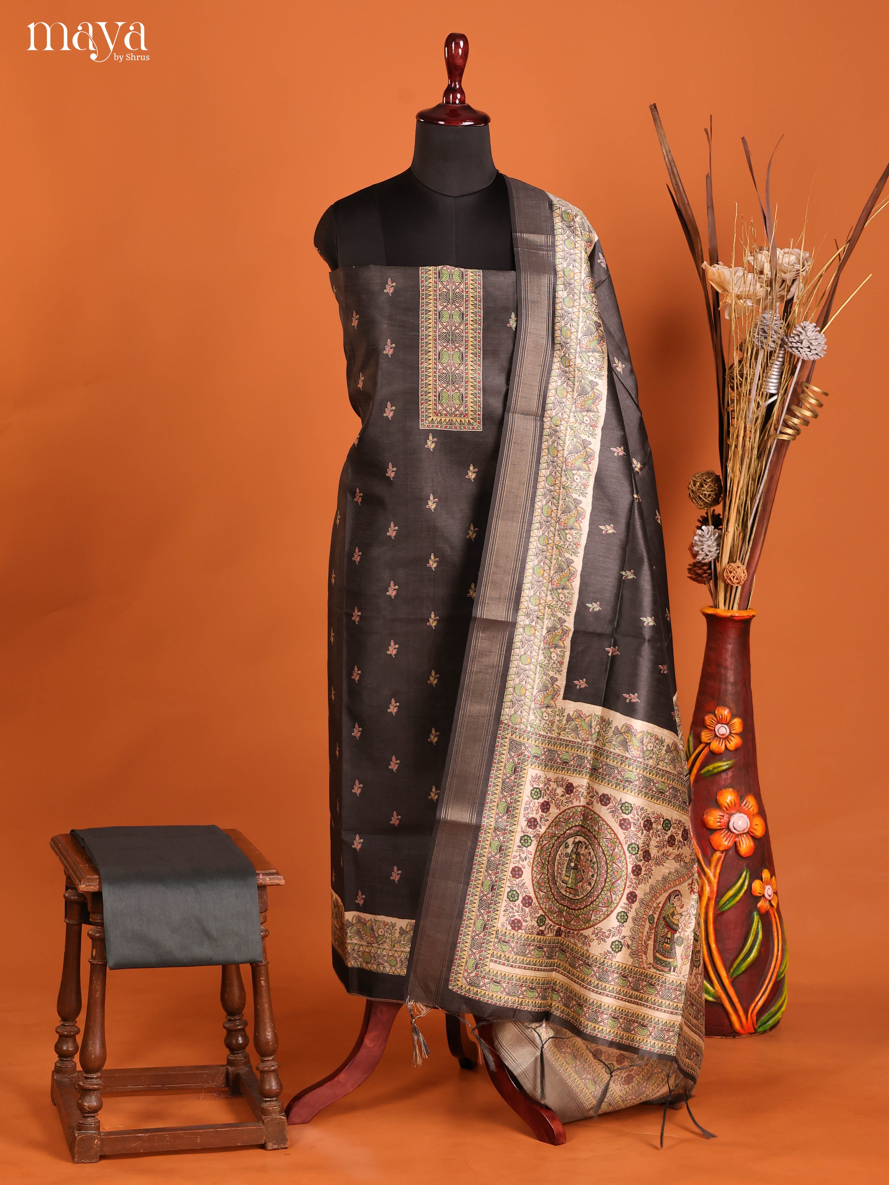 Black -Semi Tussar Salwar Unstitch