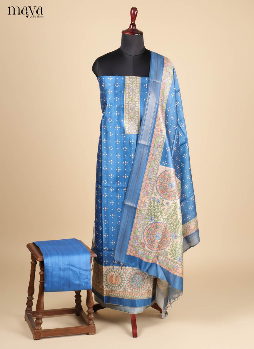 Blue & Cream-Semi Tussar Salwar Unstitch