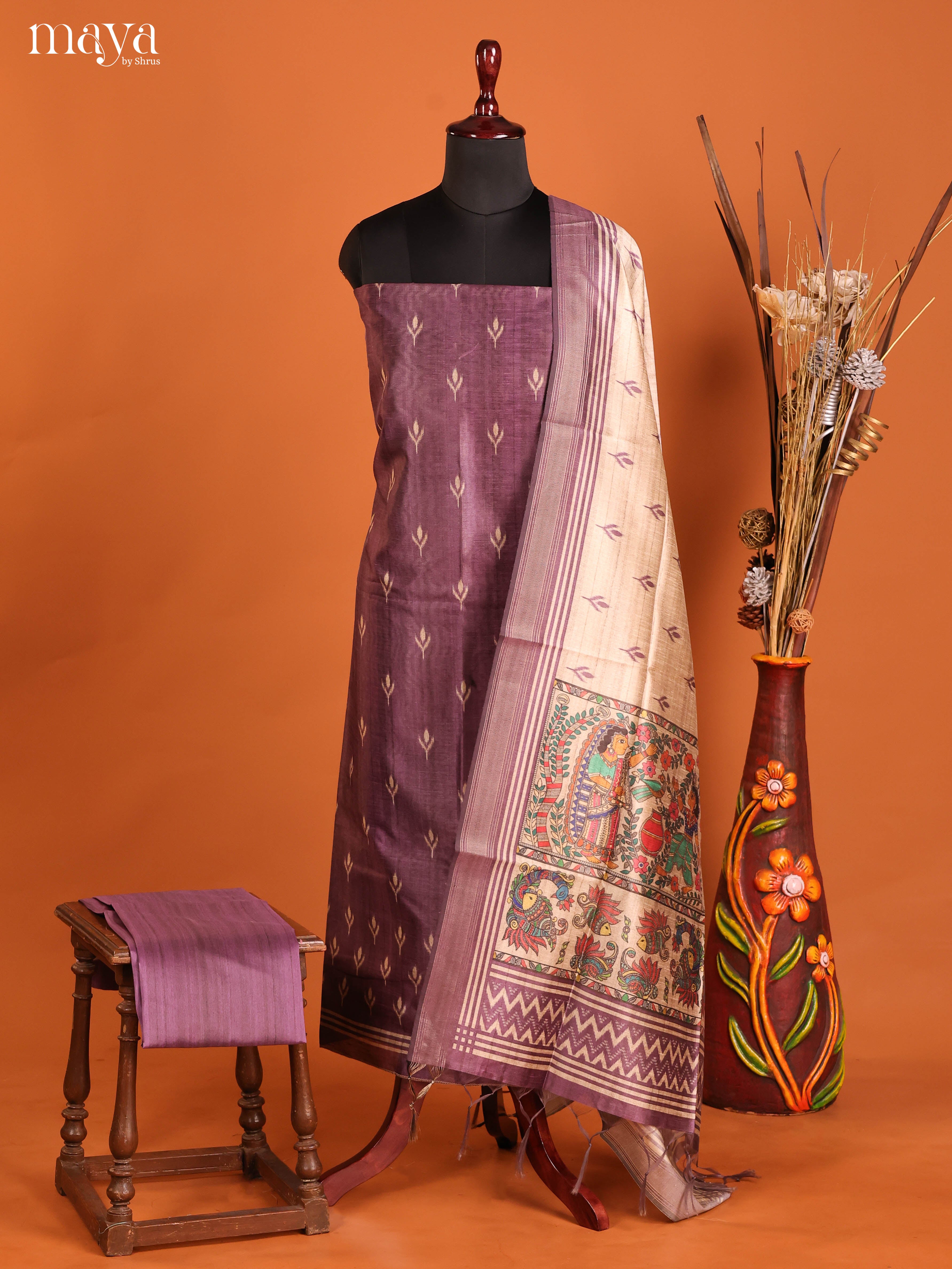Purple & Cream-Semi Tussar Salwar Unstitch