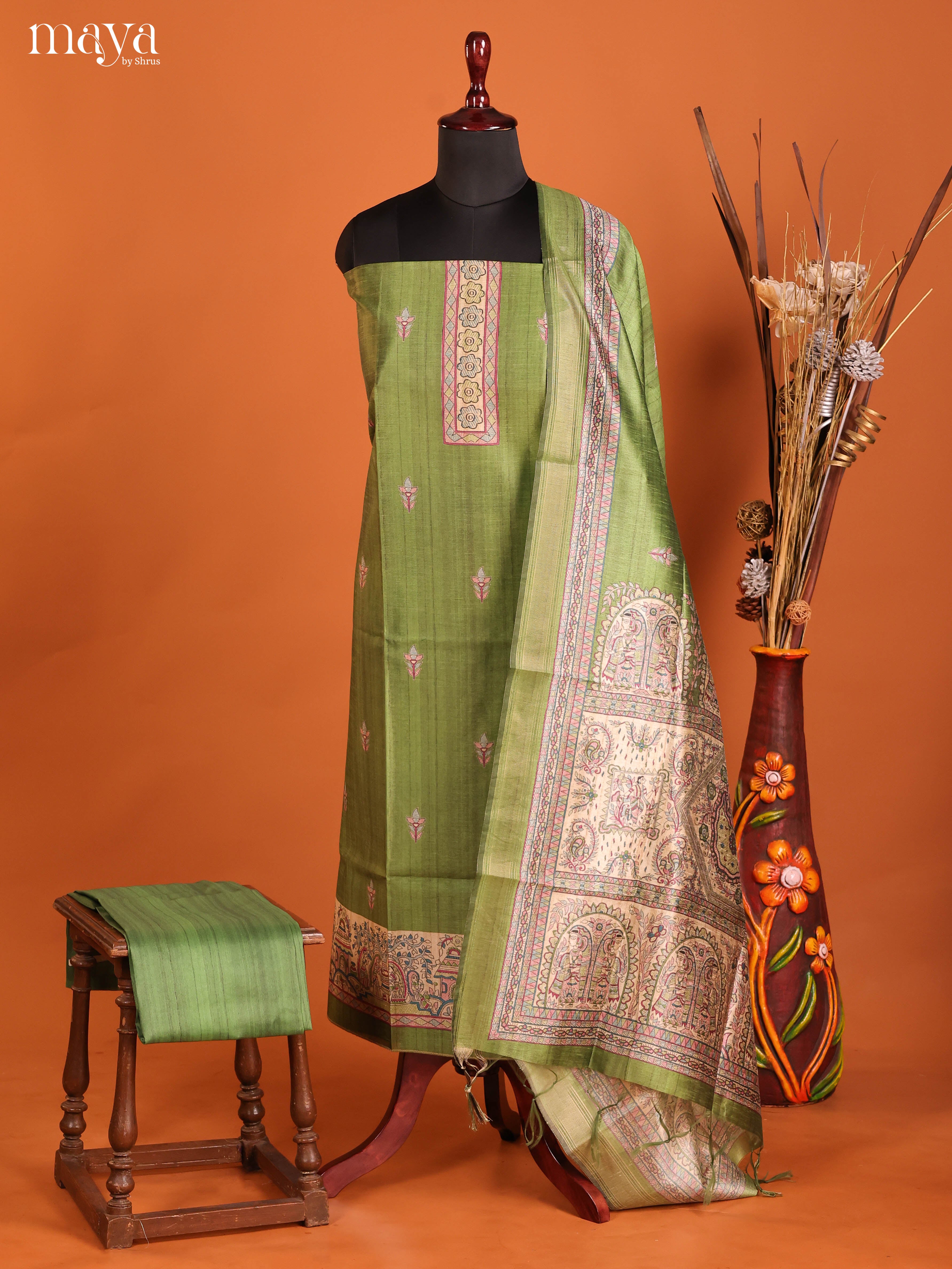 Green -Semi Tussar Salwar Unstitch