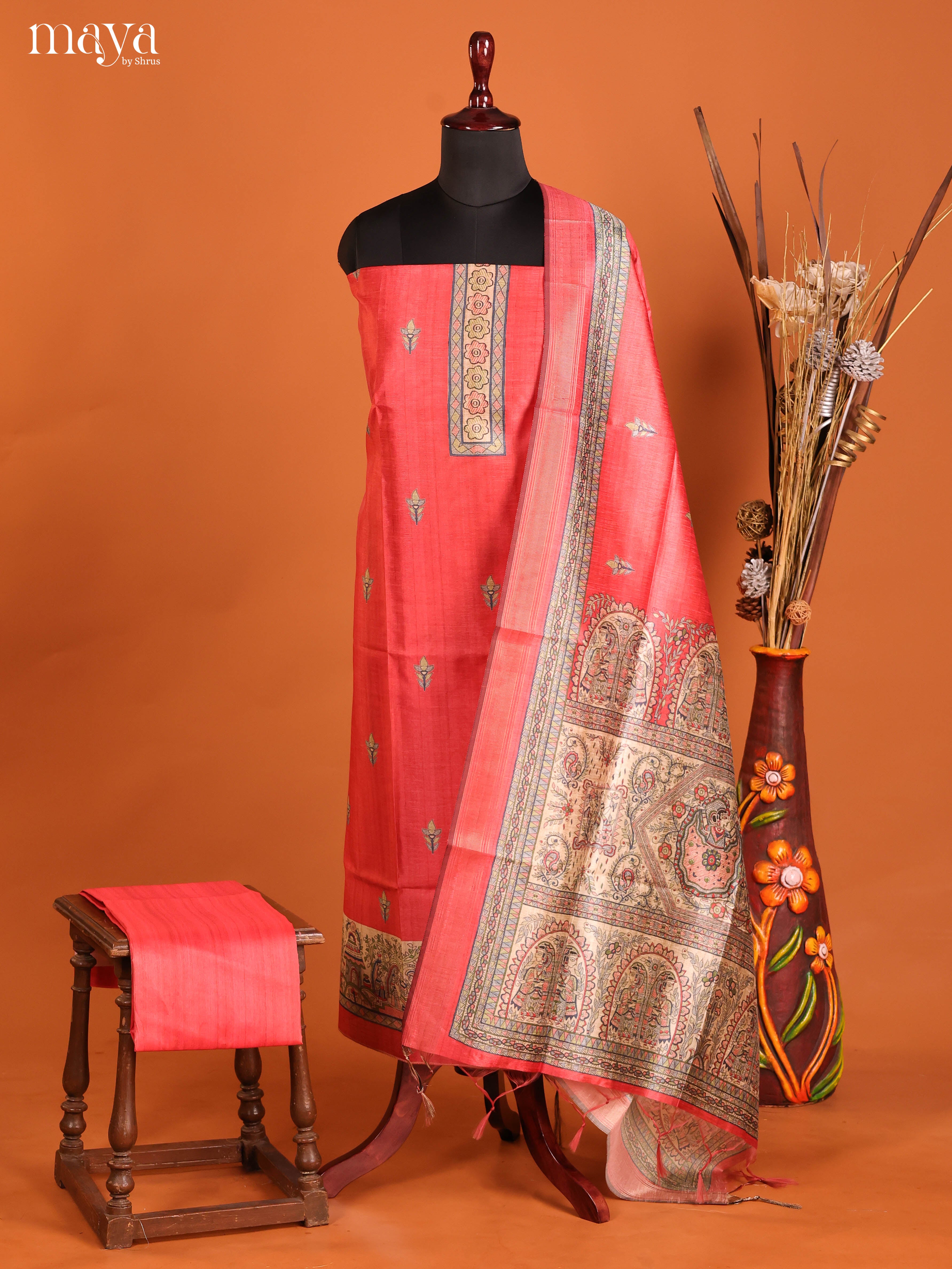 Red -Semi Tussar Salwar Unstitch