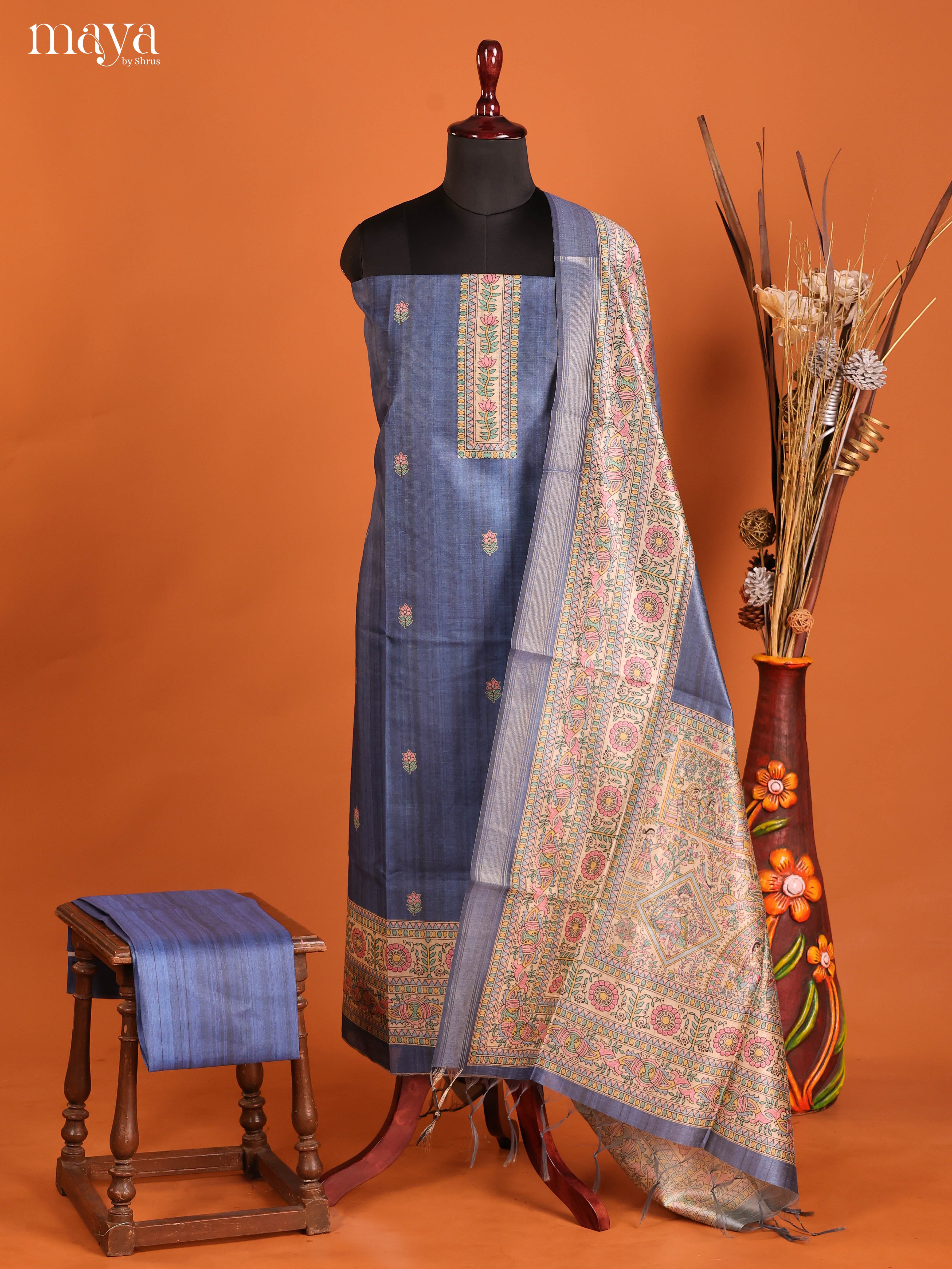 Blue-Semi Tussar Salwar Unstitch