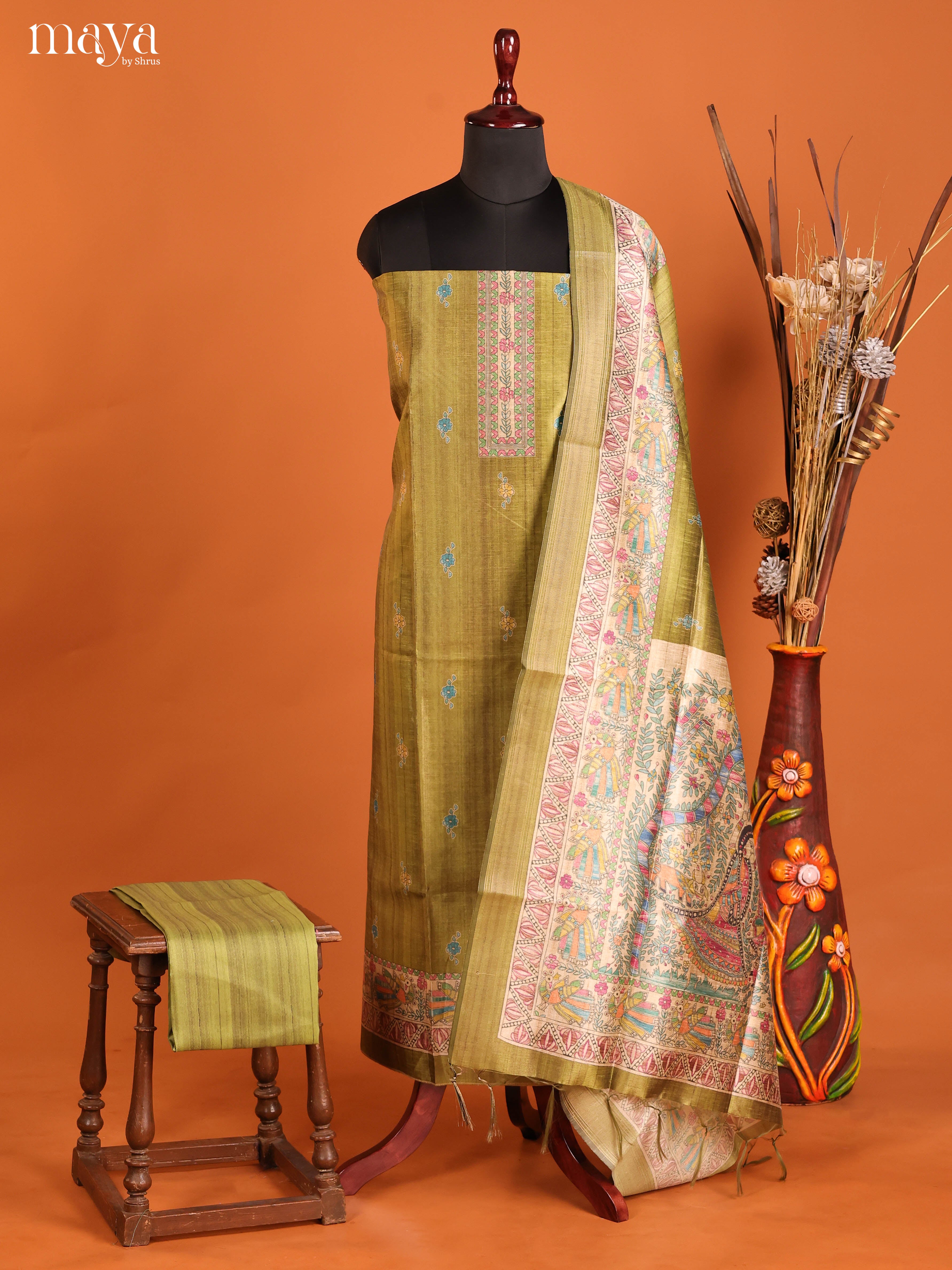 Green -Semi Tussar Salwar Unstitch