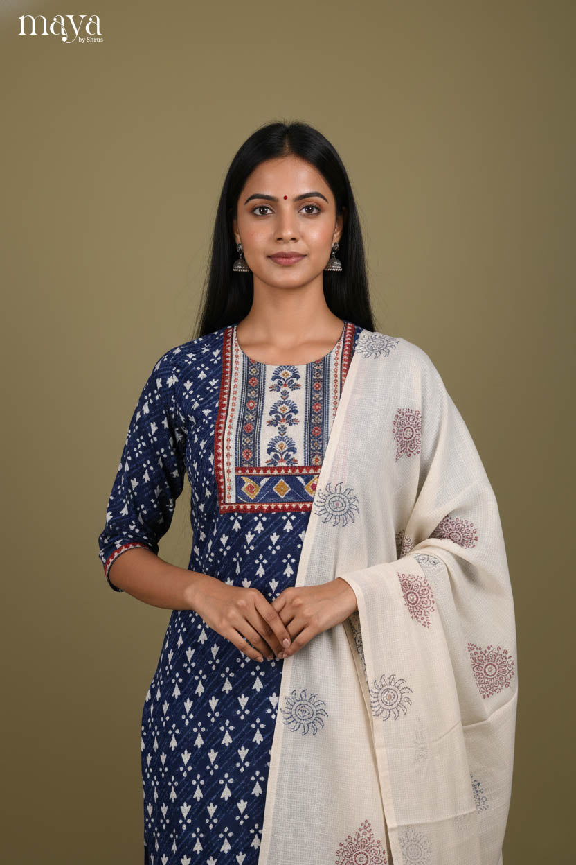 Blue & White - floral block printed Readymade 3 Piece