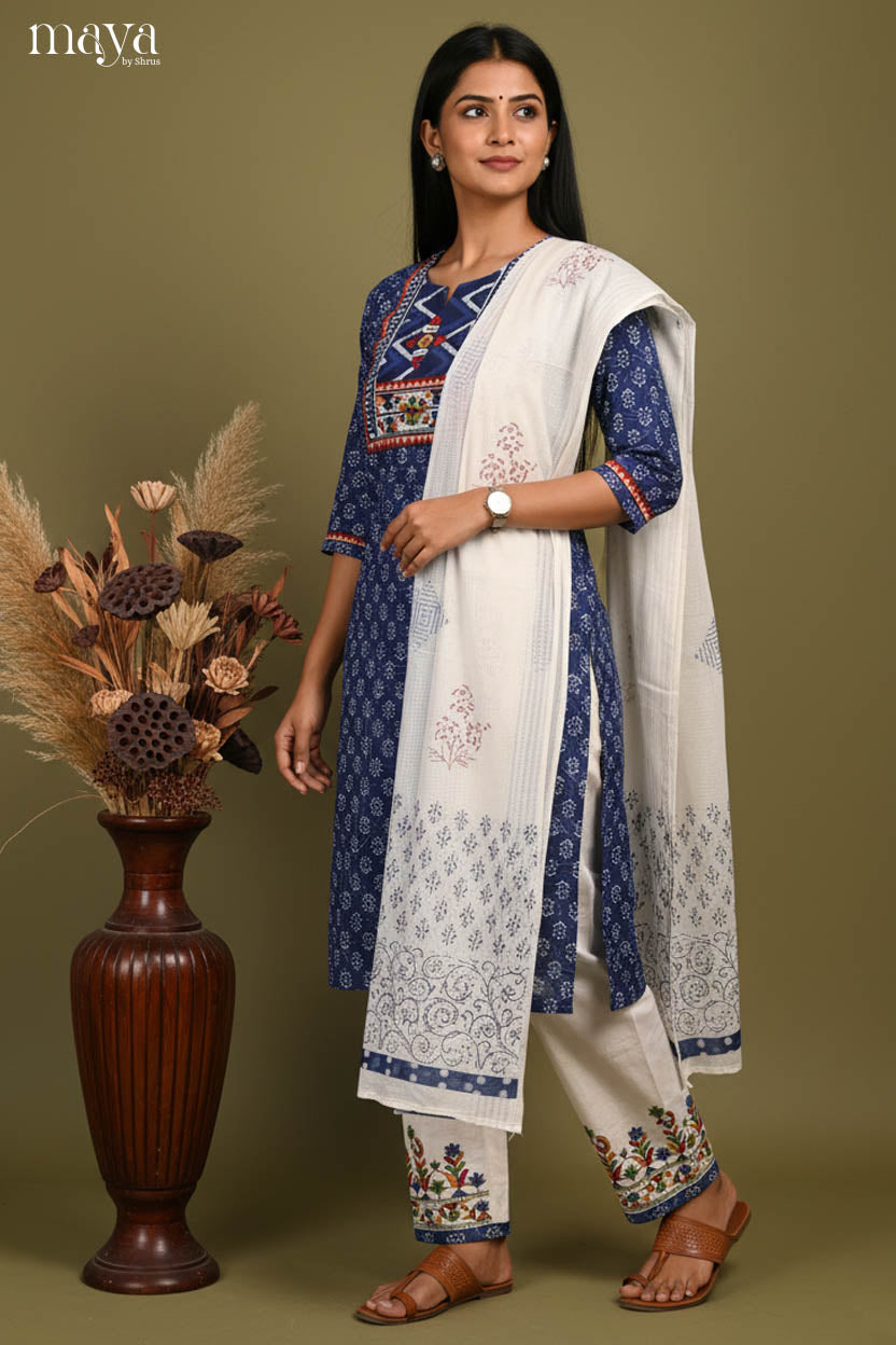 Blue & White- floral printed Readymade 3 Piece