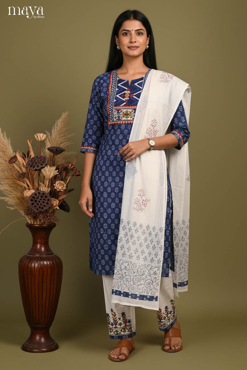 Blue & White- floral printed Readymade 3 Piece